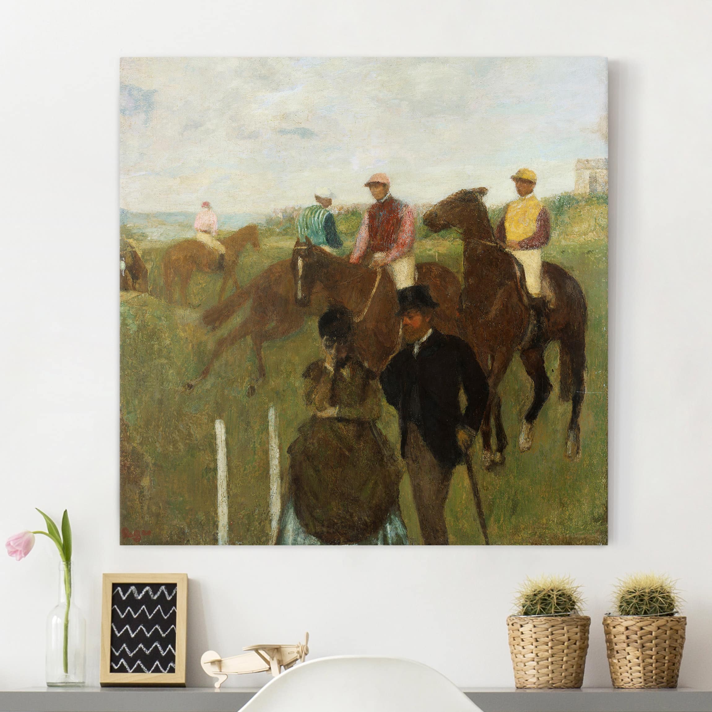 Leinwandbild - Quadrat Edgar Degas - Jockeys auf Rennbahn