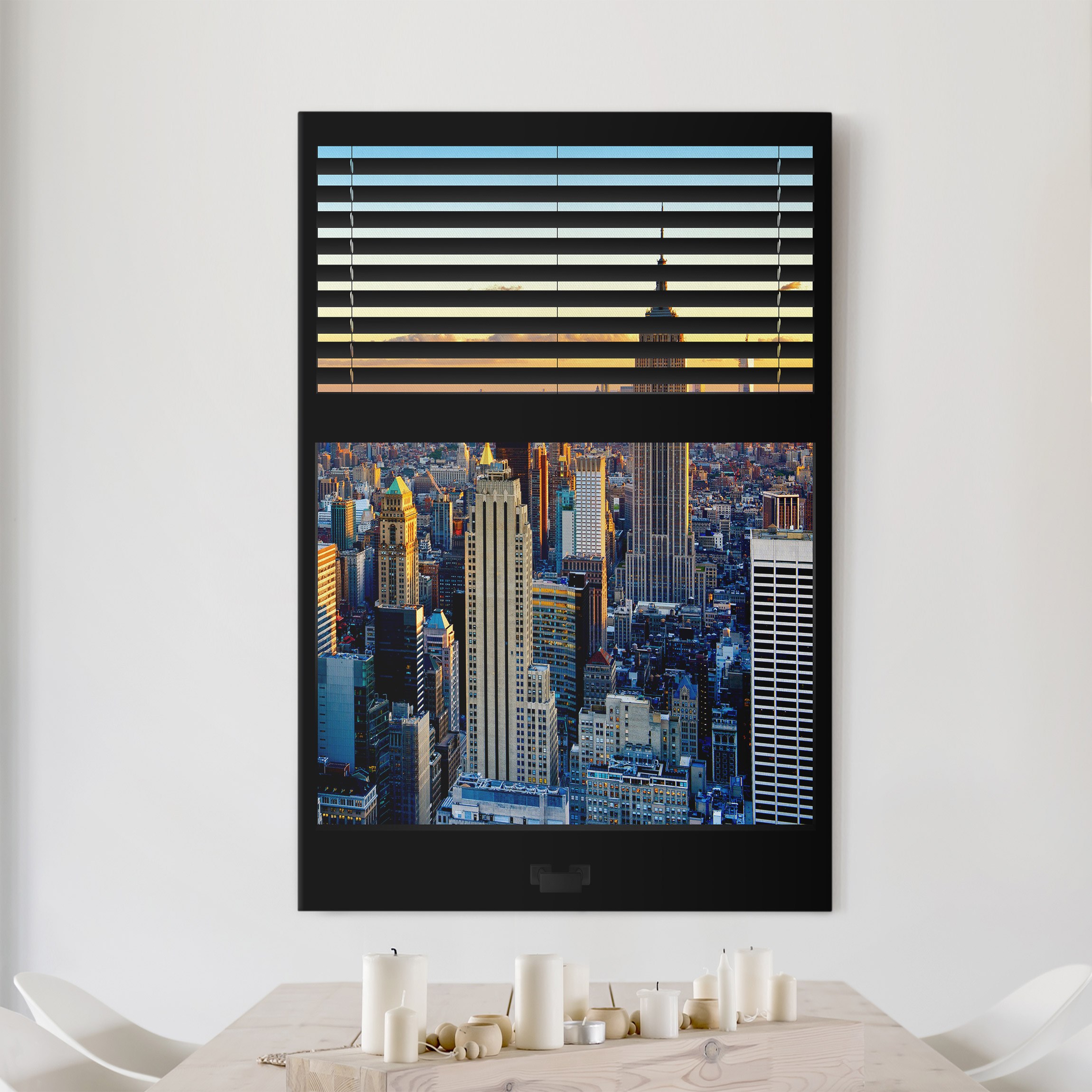 Leinwandbild - Hochformat Fensterausblick Jalousie - Sonnenaufgang New York