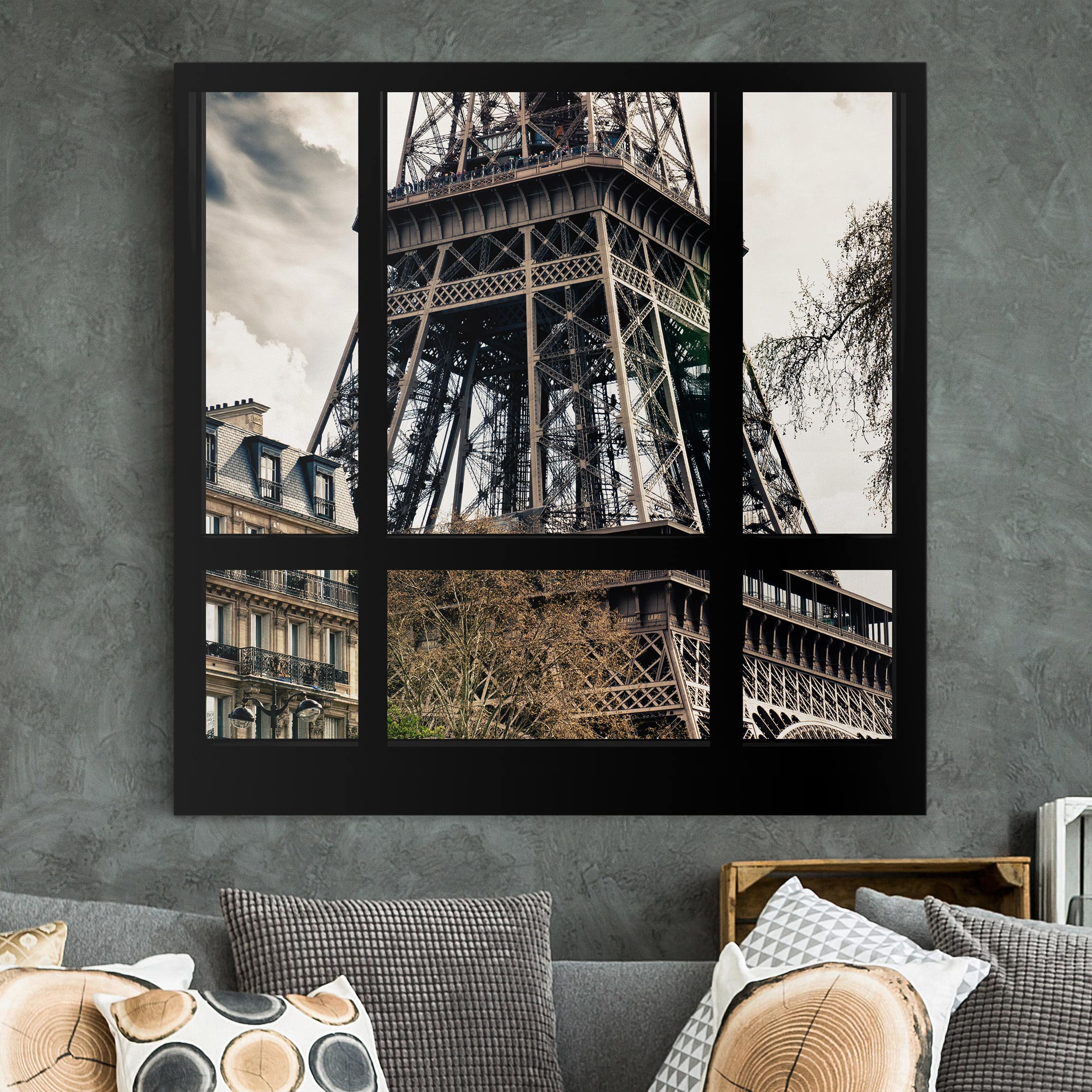 Leinwandbild - Querformat Fensterausblick Paris - Nahe am Eiffelturm schwarz weiss
