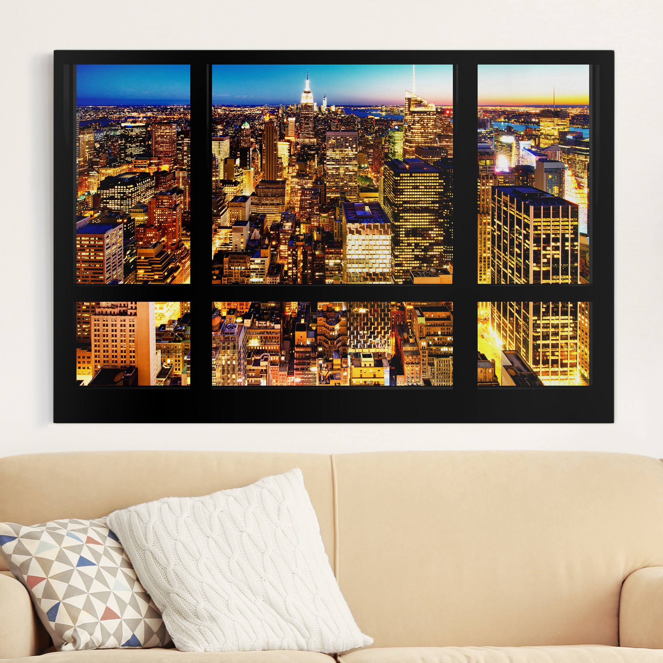 Leinwandbild - Querformat Fensterblick New York bei Nacht