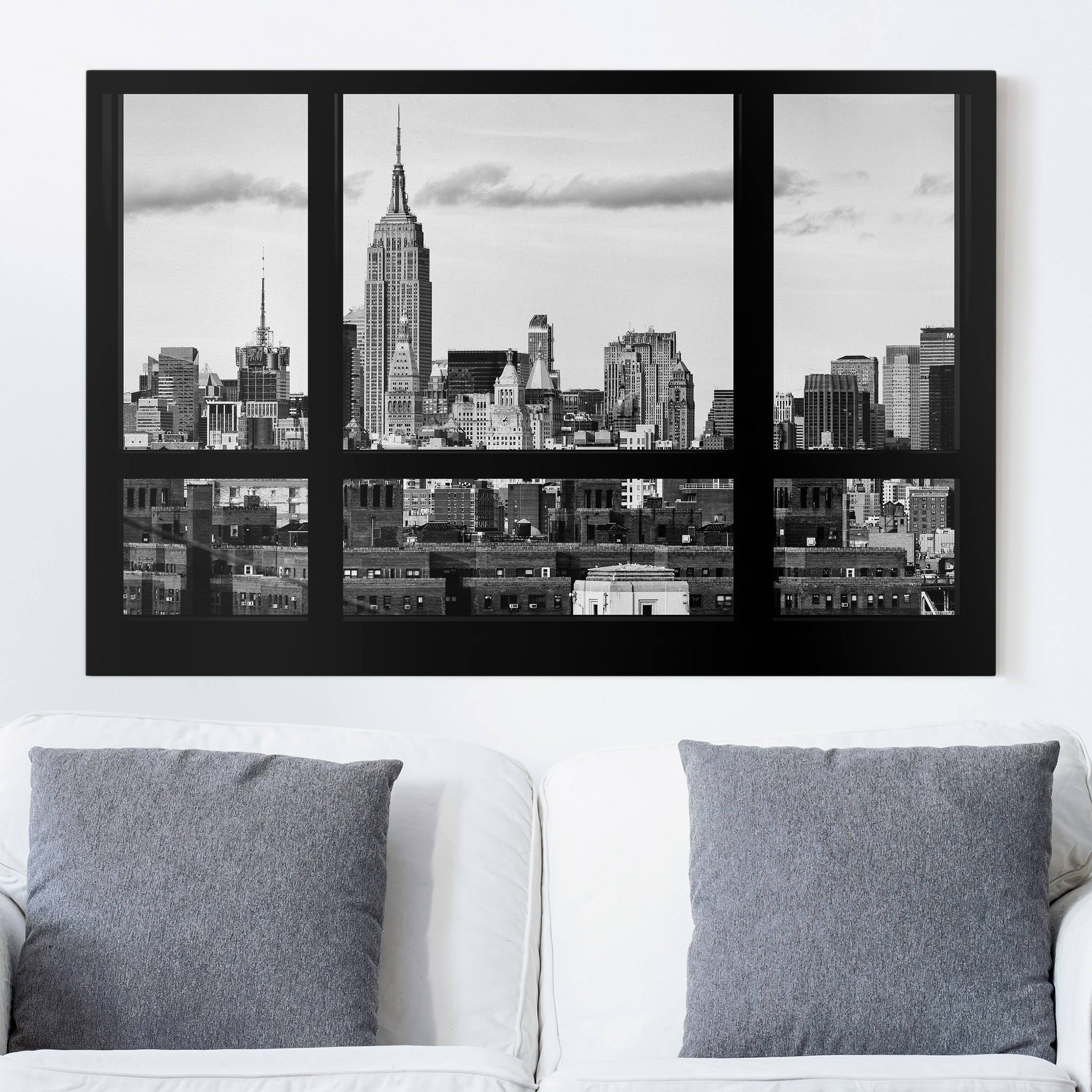 Leinwandbild - Querformat Fensterblick New York Skyline schwarz weiss