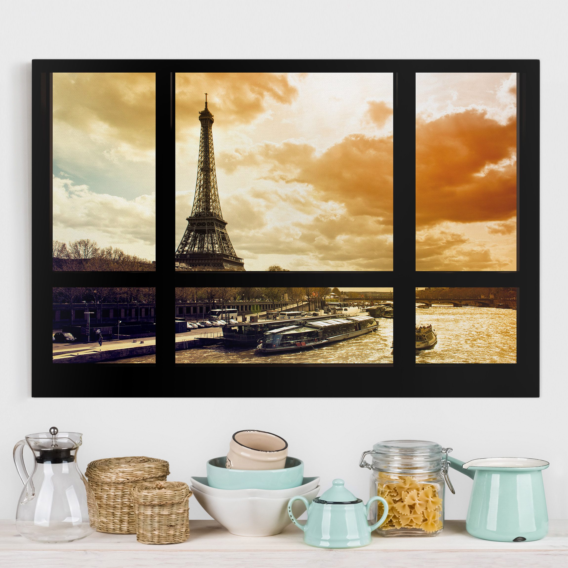 Leinwandbild - Querformat Fensterblick - Paris Eiffelturm Sonnenuntergang