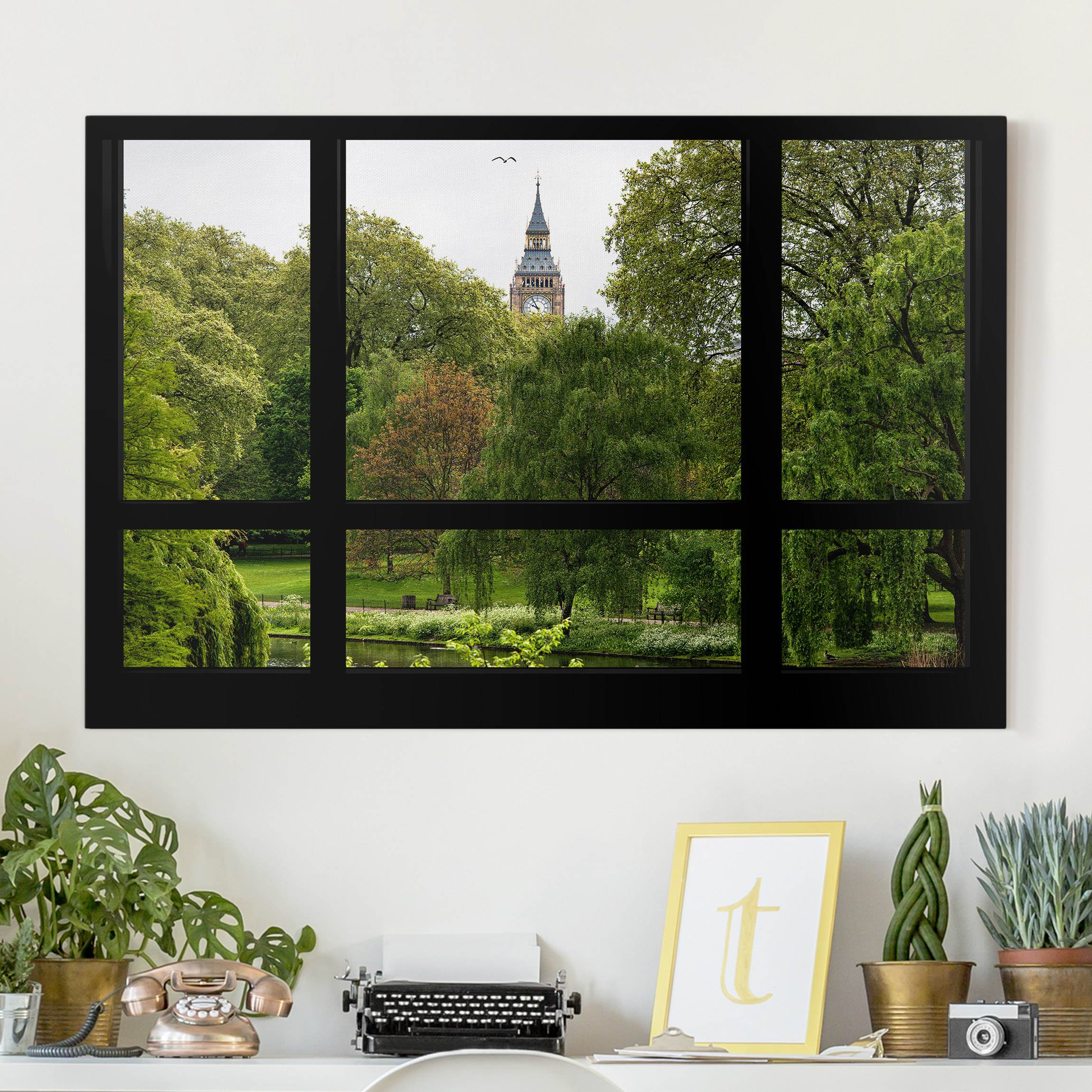 Leinwandbild - Querformat Fensterblick über St. James Park auf Big Ben