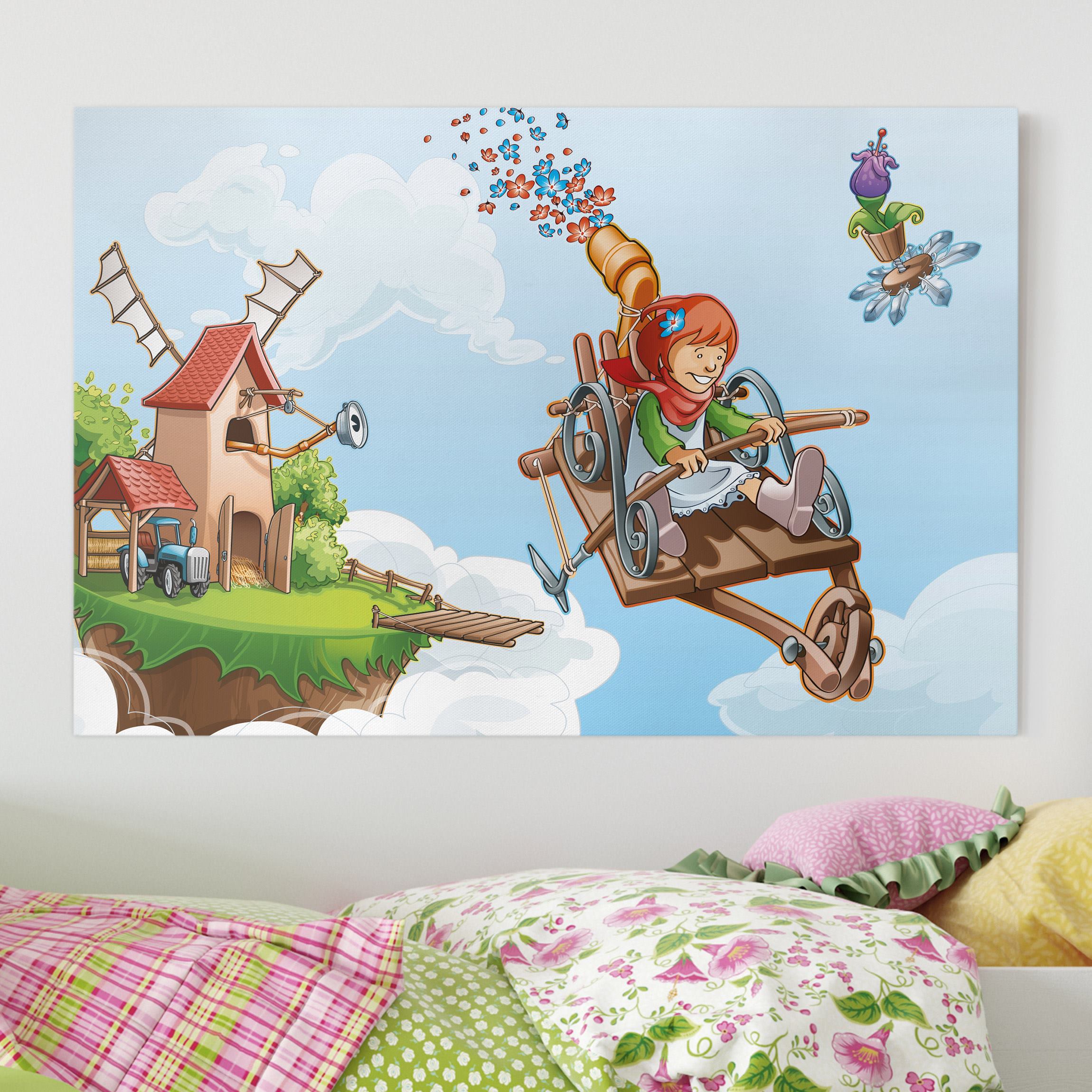 Leinwandbild - Querformat Fliegender Bauernhof Flugmaschine