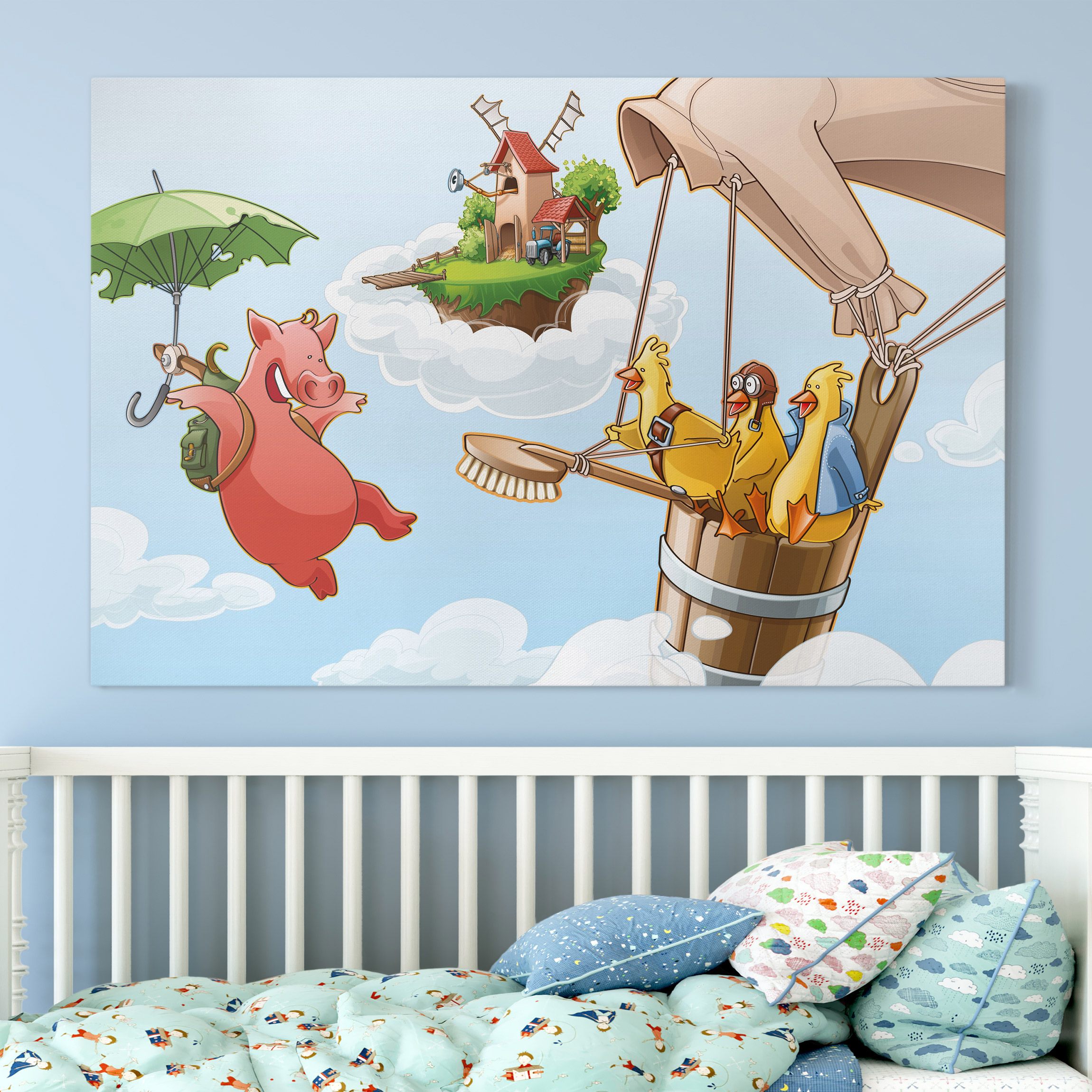 Leinwandbild - Querformat Fliegender Bauernhof Küken und Schwein