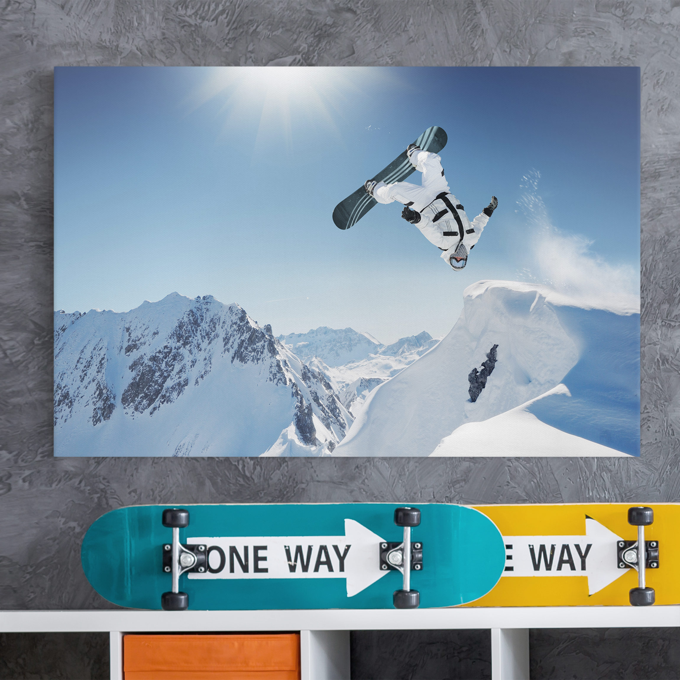 Leinwandbild - Querformat Fliegender Snowboarder