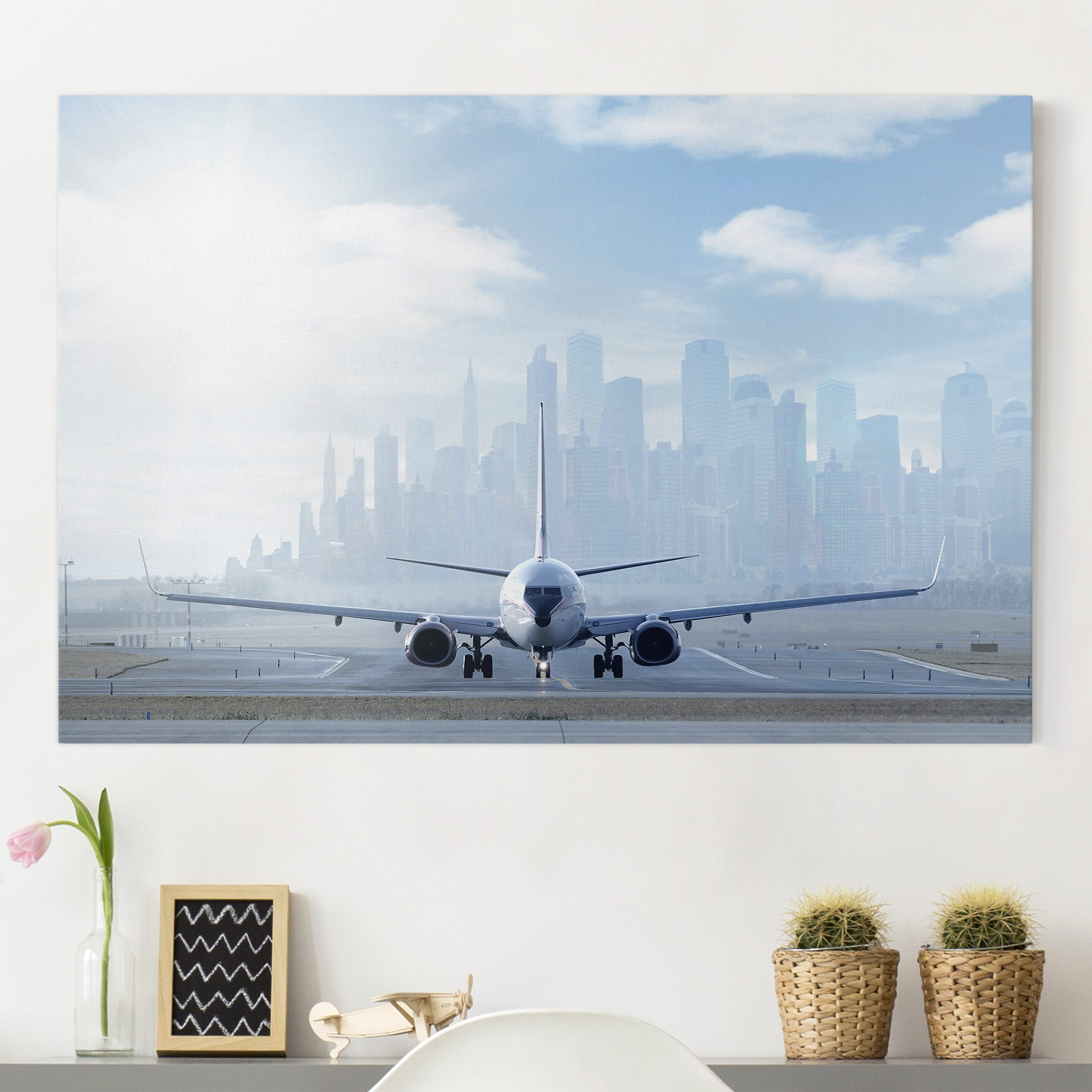 Leinwandbild - Querformat Flugzeug vor dem Start