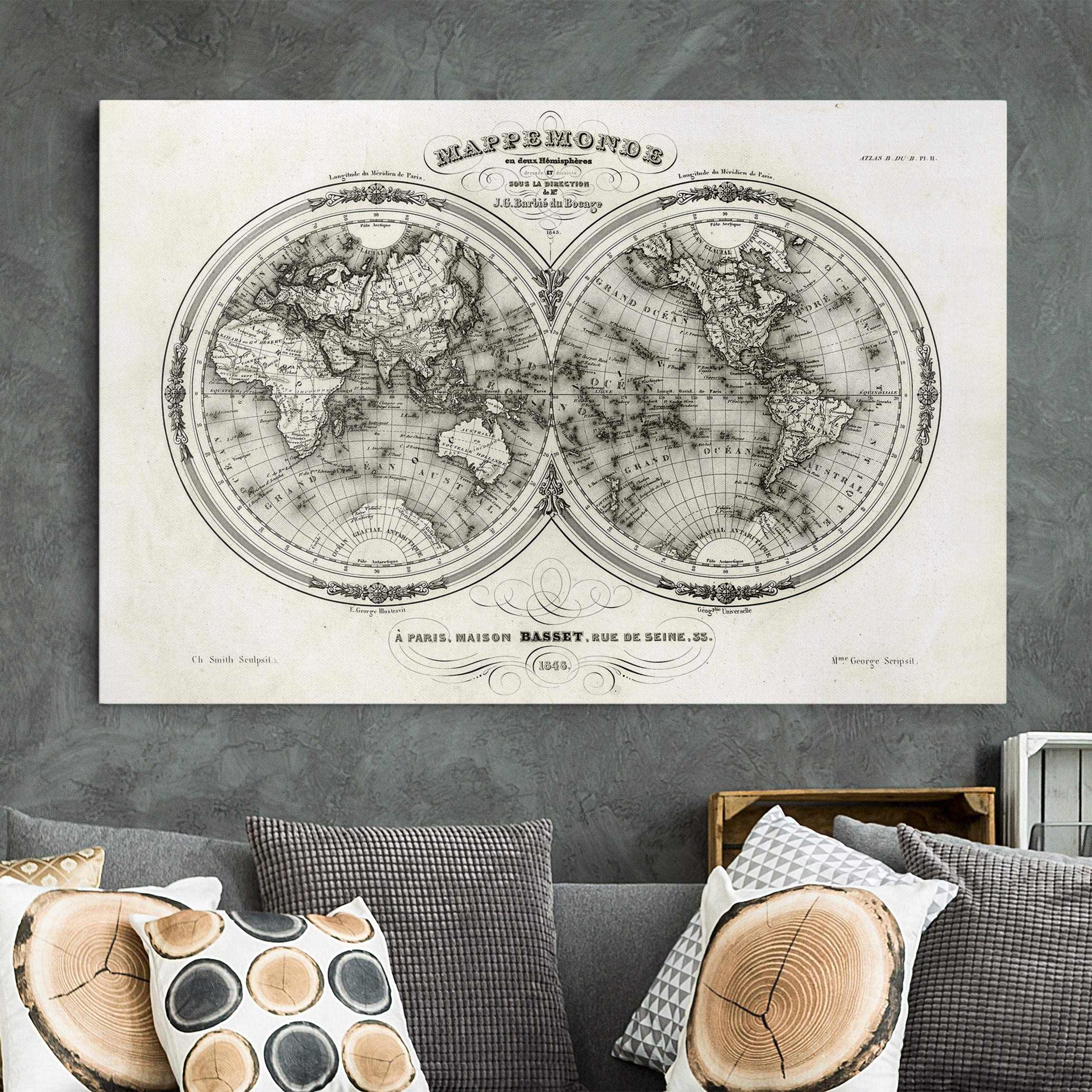 Leinwandbild - Querformat Französische Karte der Hemissphären von 1848