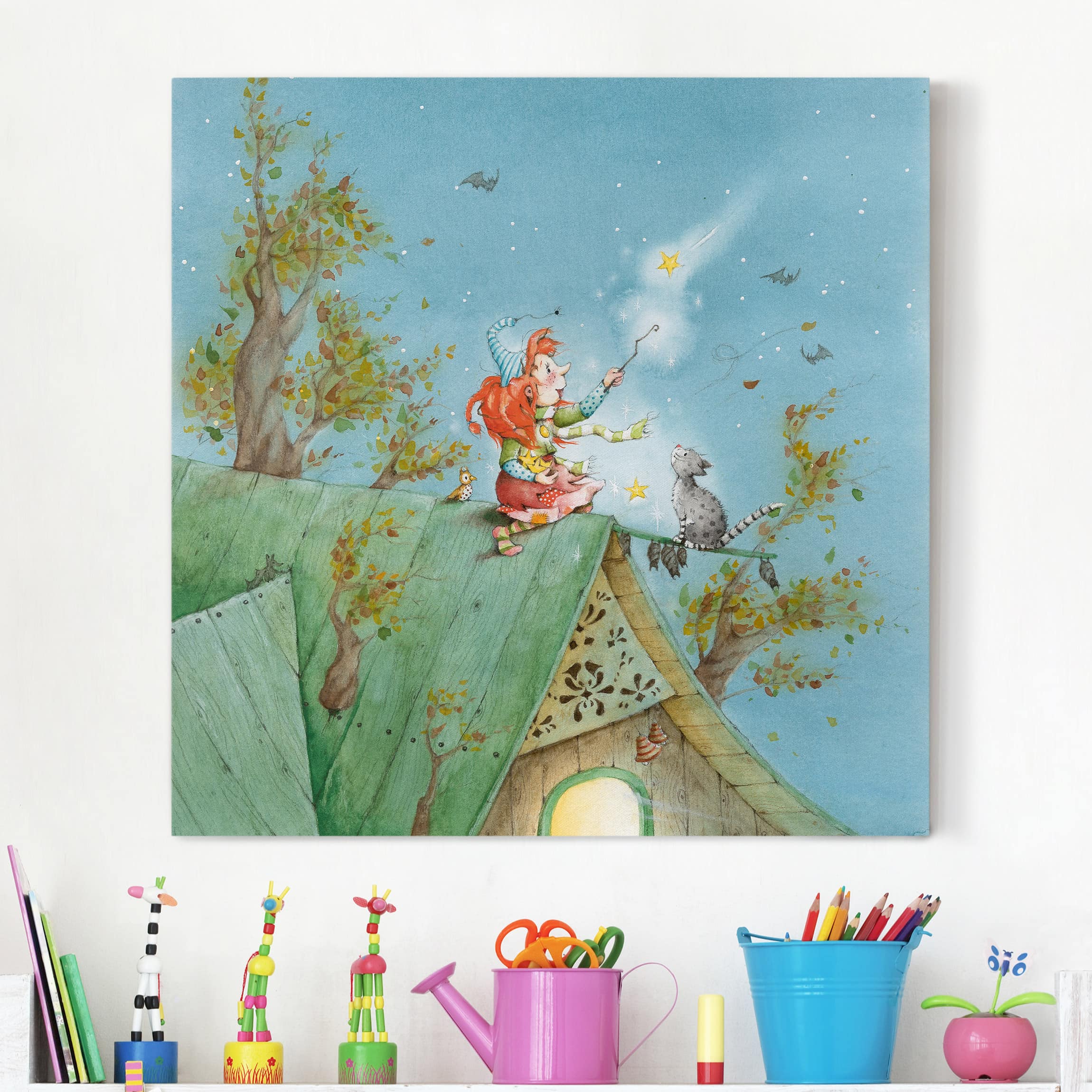 Leinwandbild Kinderzimmer Frida die kleine Waldhexe - Frida und Kater Pumpernickel lassen die Sterne frei