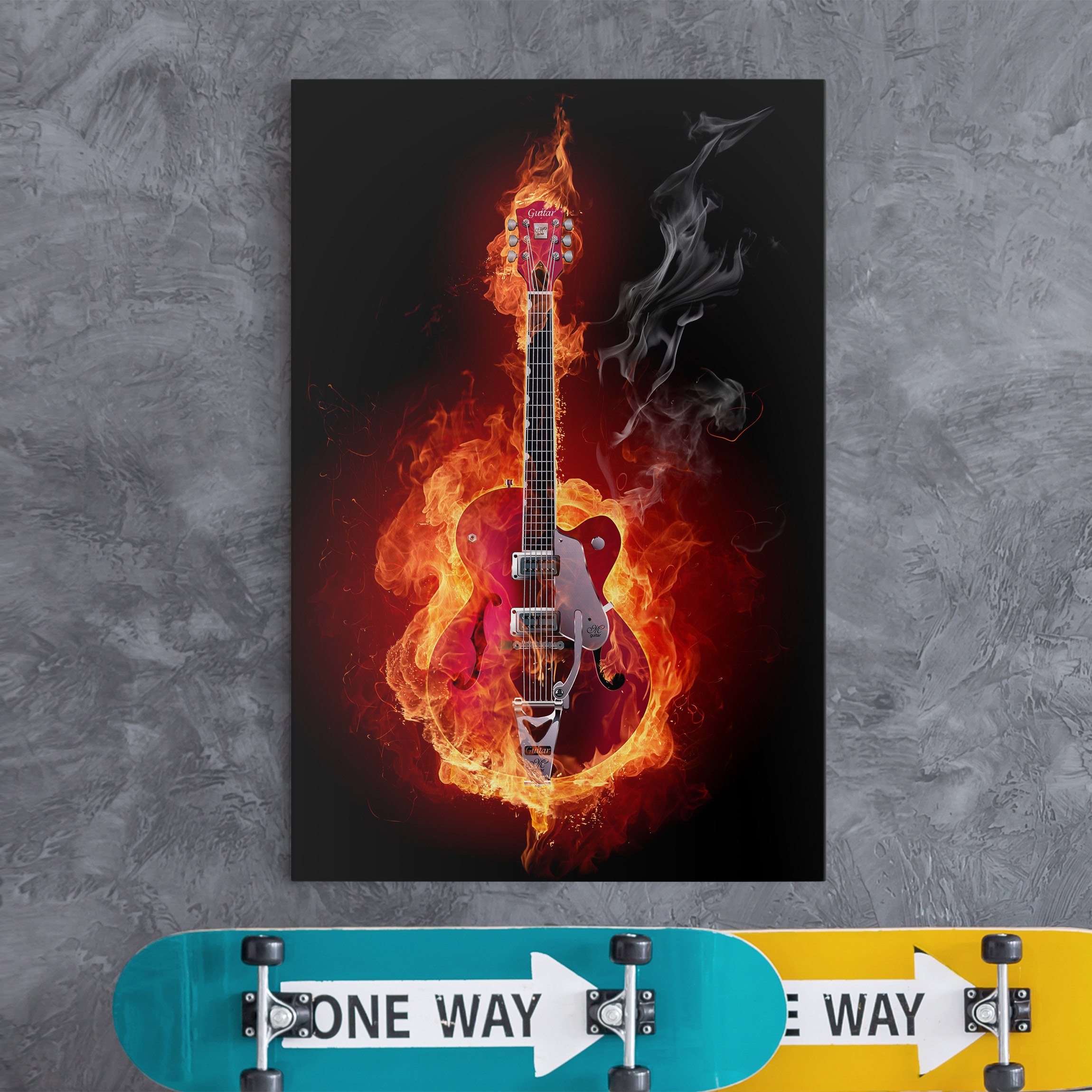 Leinwandbild - Hochformat Gitarre in Flammen
