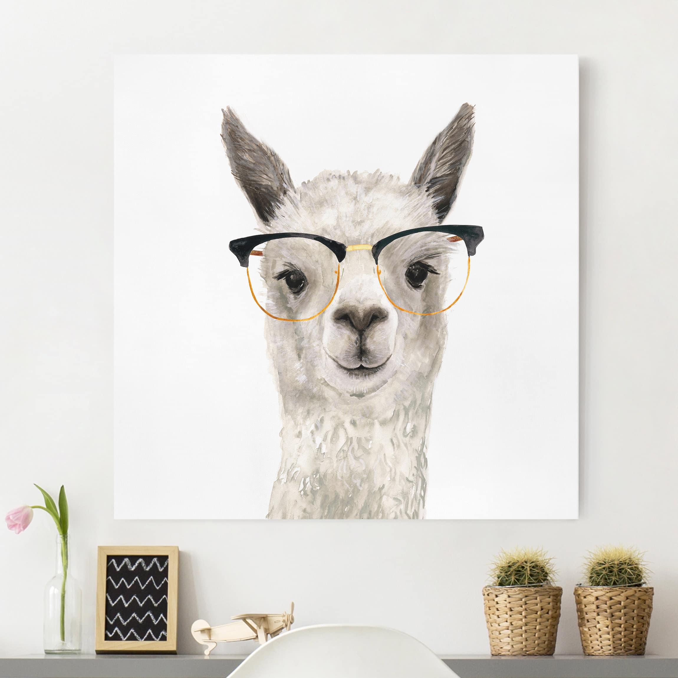 Leinwandbild - Quadrat Hippes Lama mit Brille I
