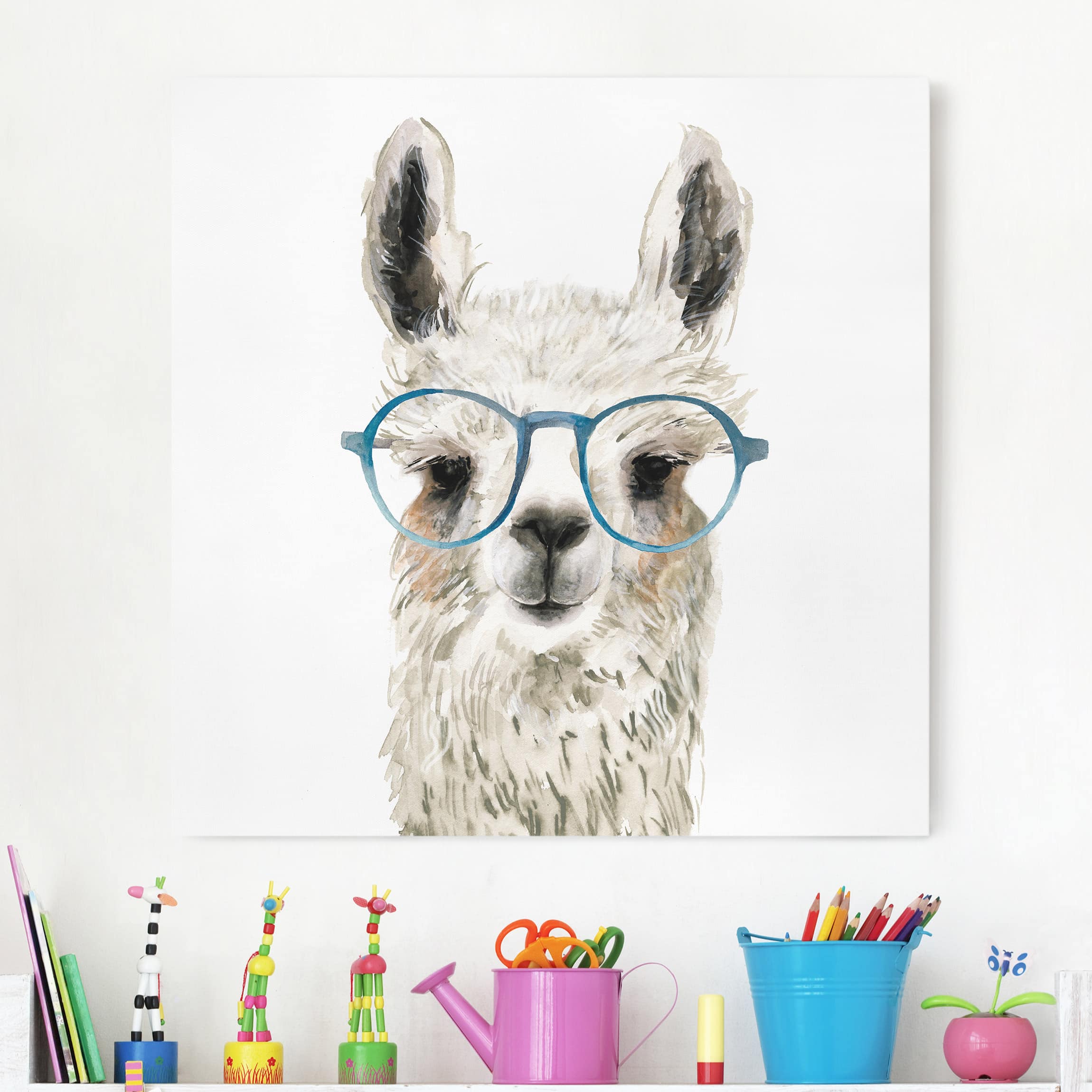 Leinwandbild - Quadrat Hippes Lama mit Brille III
