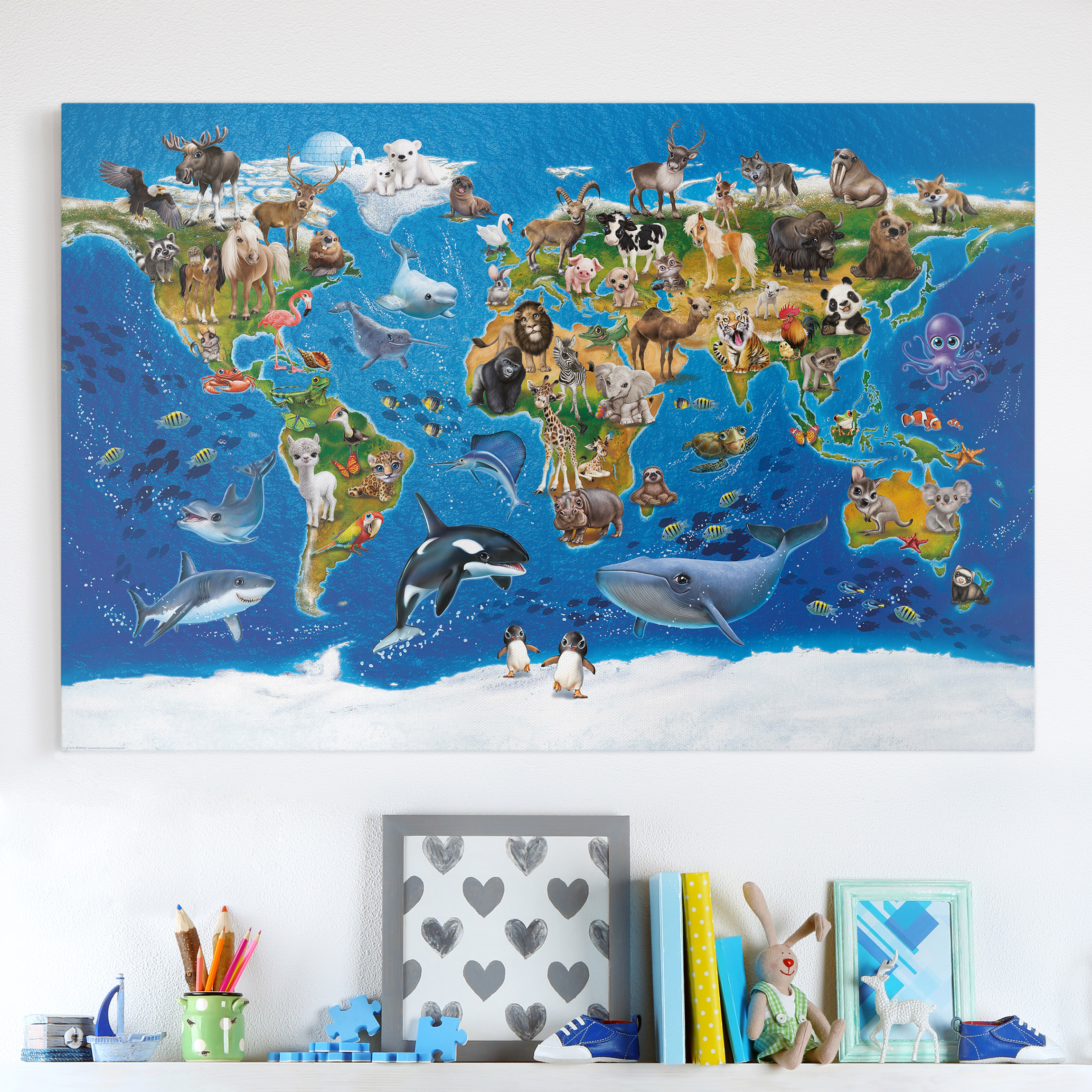 Leinwandbild - Querformat Animal Club International - Weltkarte mit Tieren
