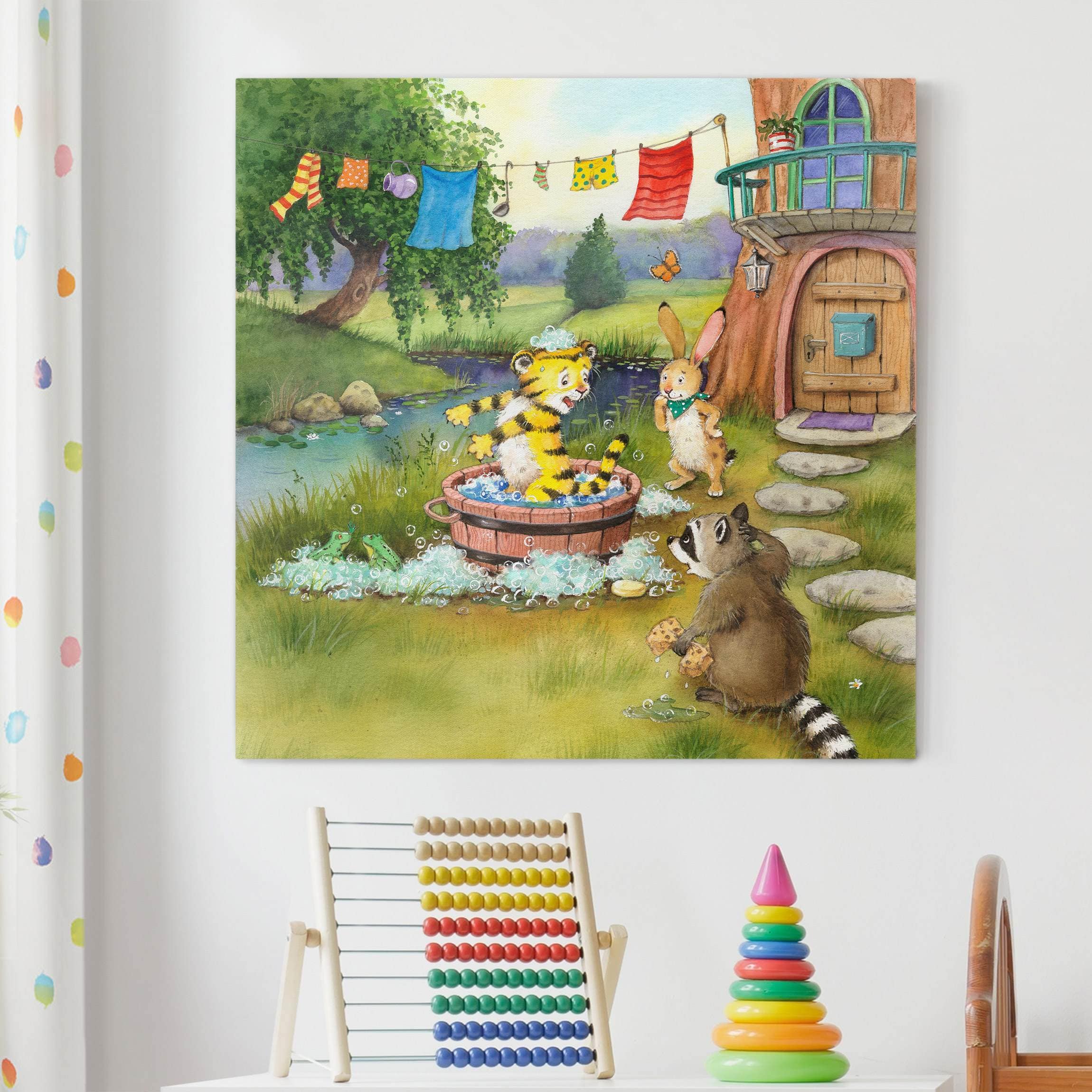 Leinwandbild Kinderzimmer Kleiner Tiger - Beim Baden