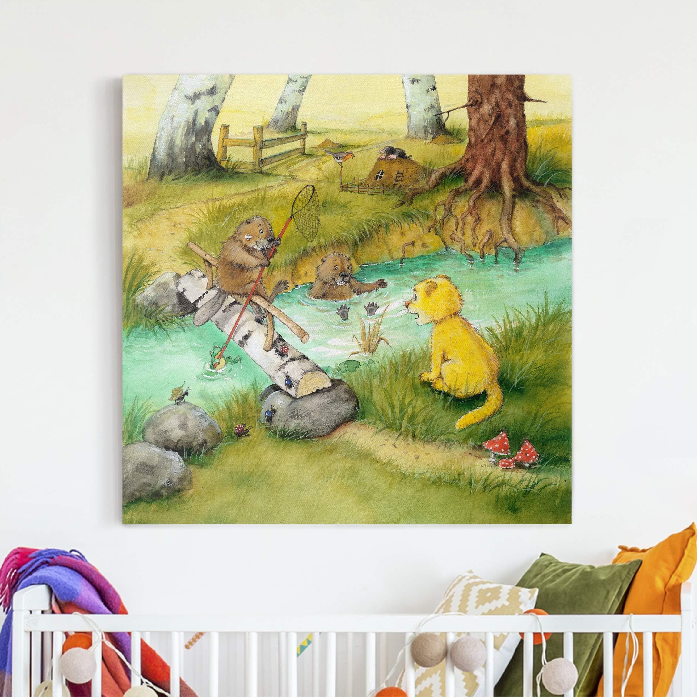 Leinwandbild Kinderzimmer Kleiner Tiger - Mit den Bibern