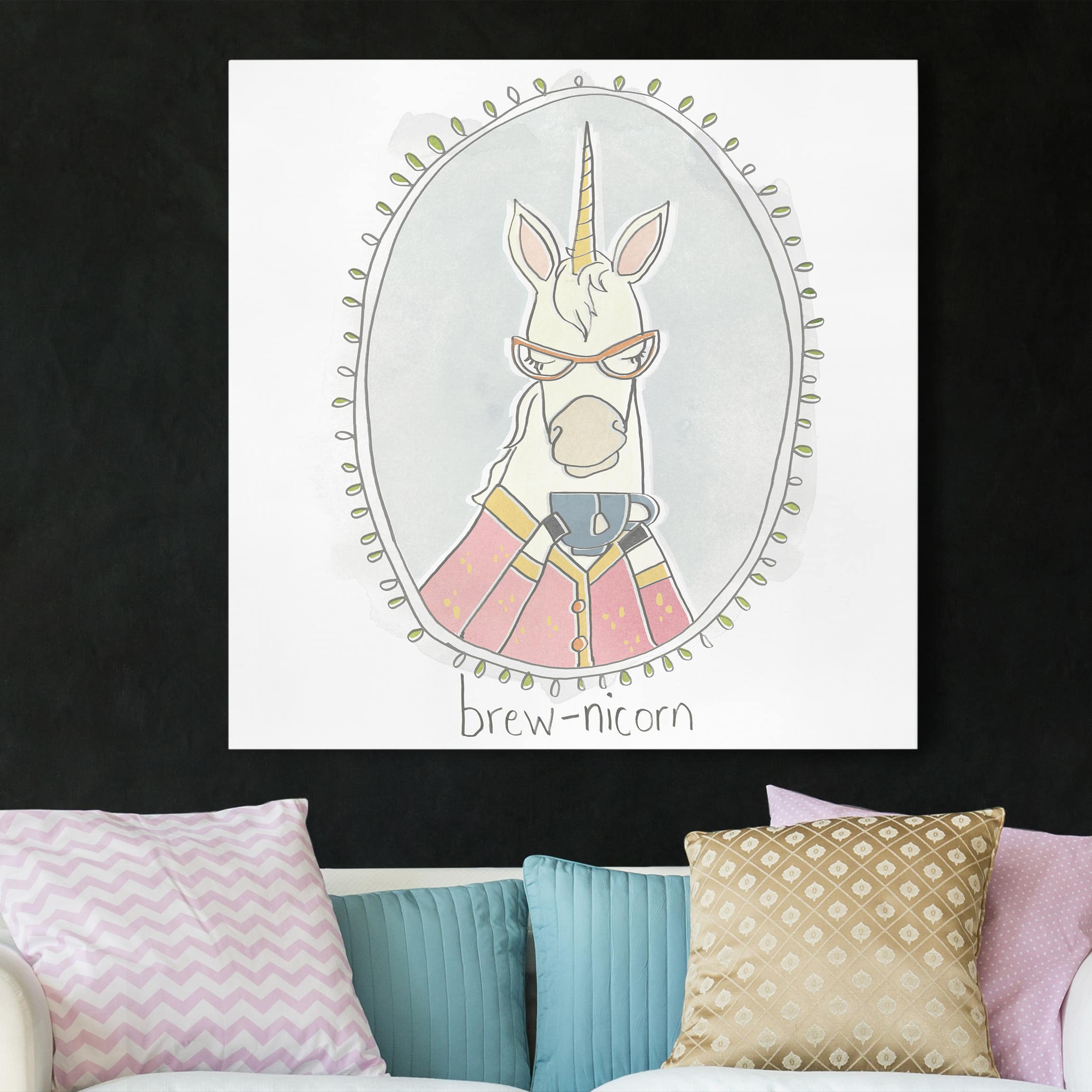 Leinwandbild - Quadrat Koffeinhaltiges Einhorn