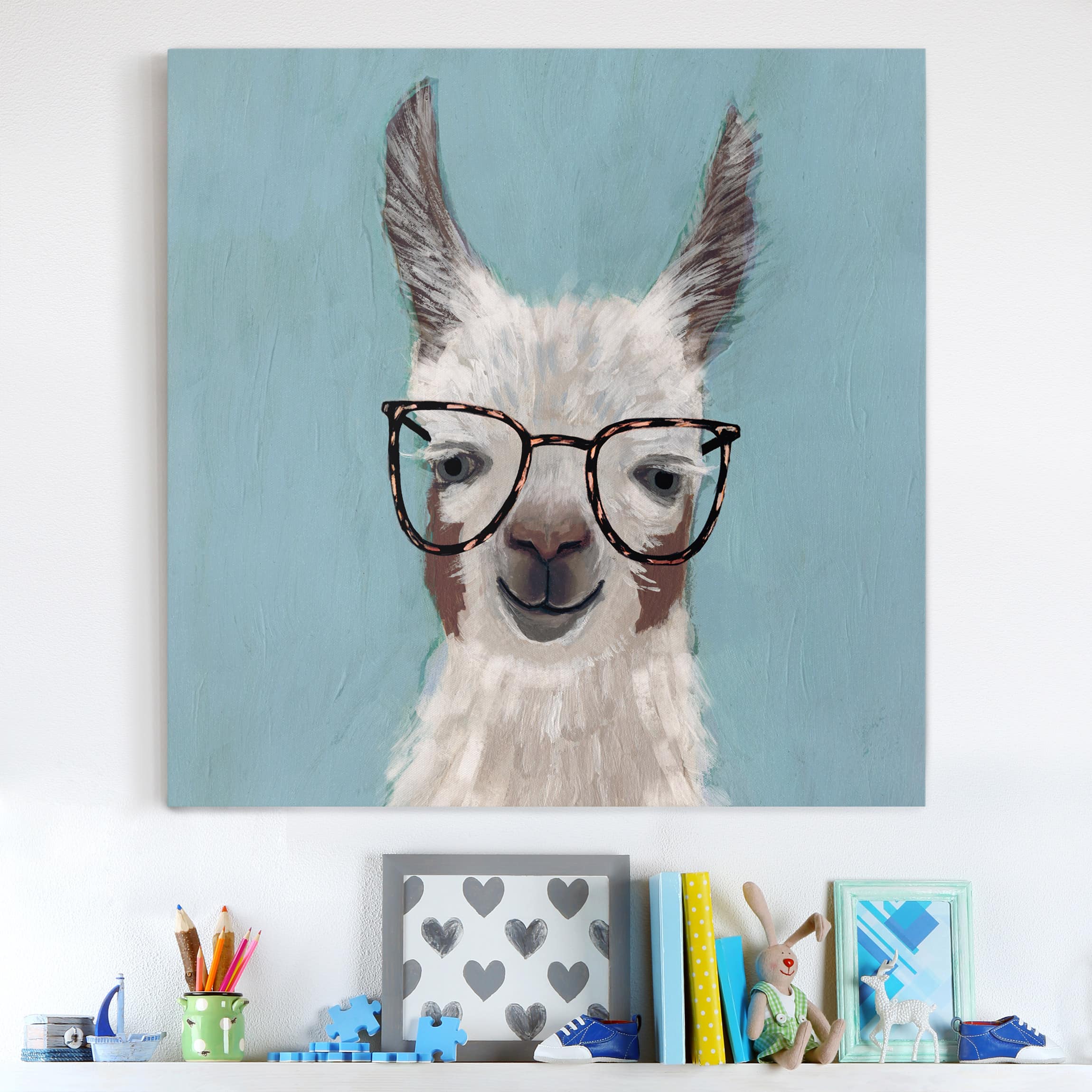 Leinwandbild - Quadrat Lama mit Brille II