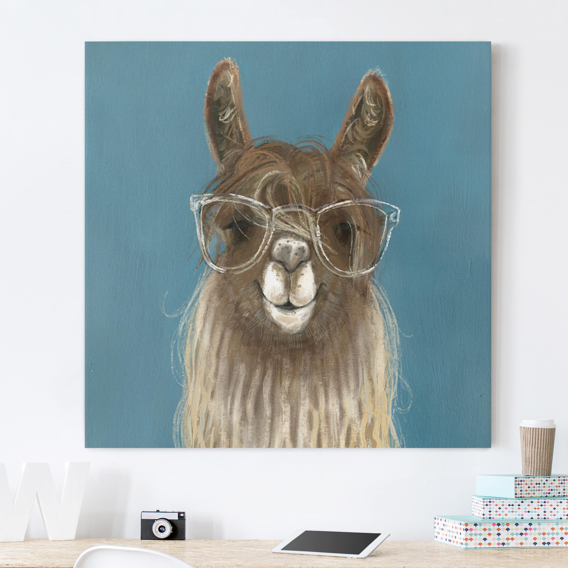 Leinwandbild - Quadrat Lama mit Brille III