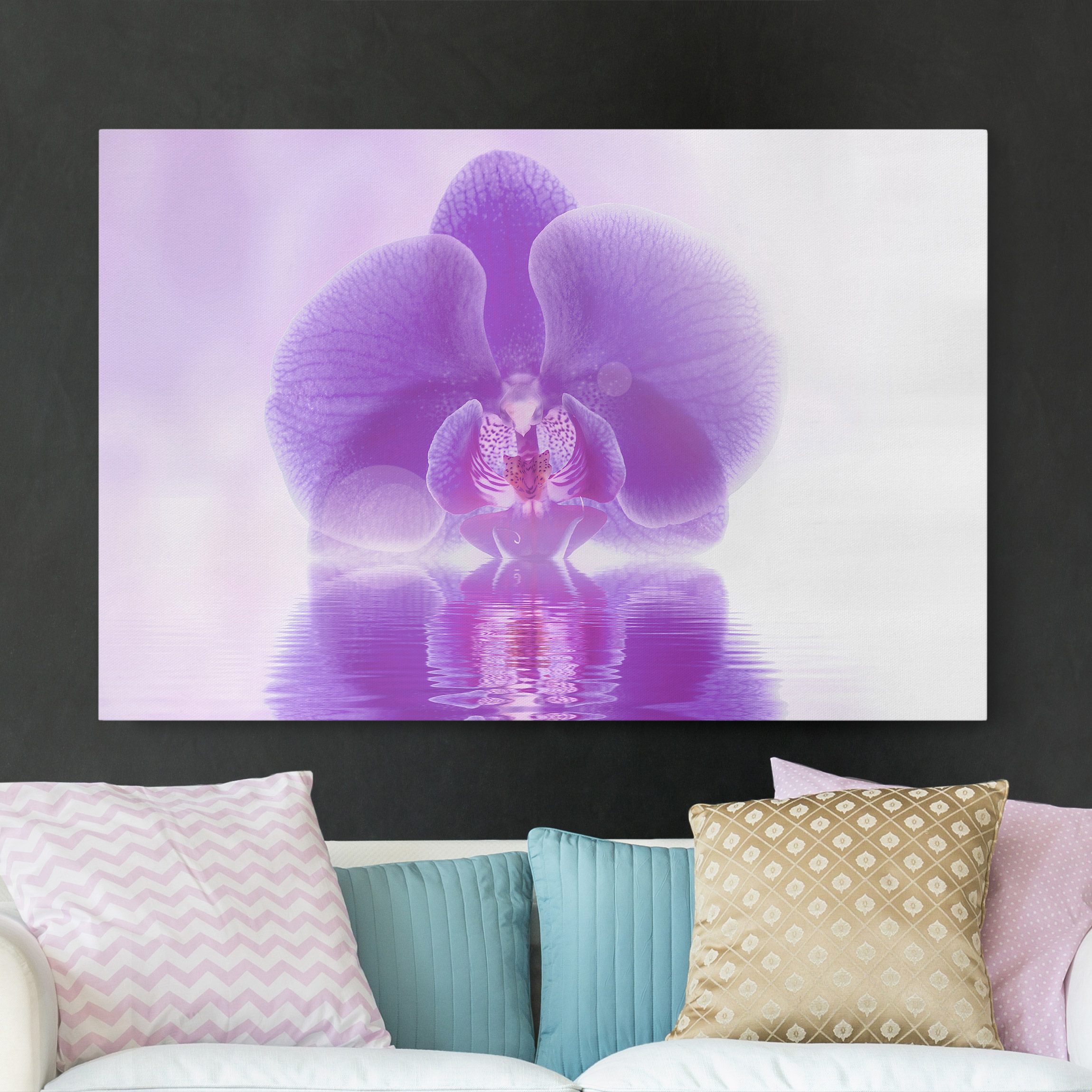 Leinwandbild - Querformat Lila Orchidee auf Wasser