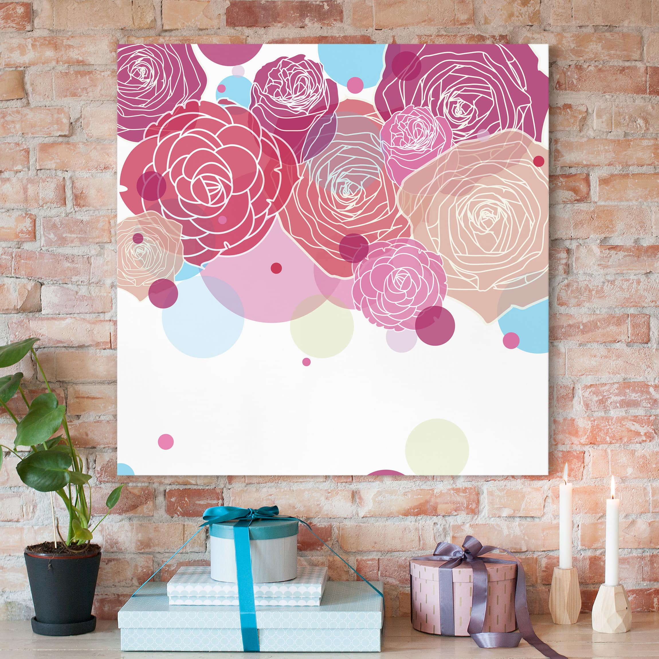 Leinwandbild - Quadrat Roses and Bubbles