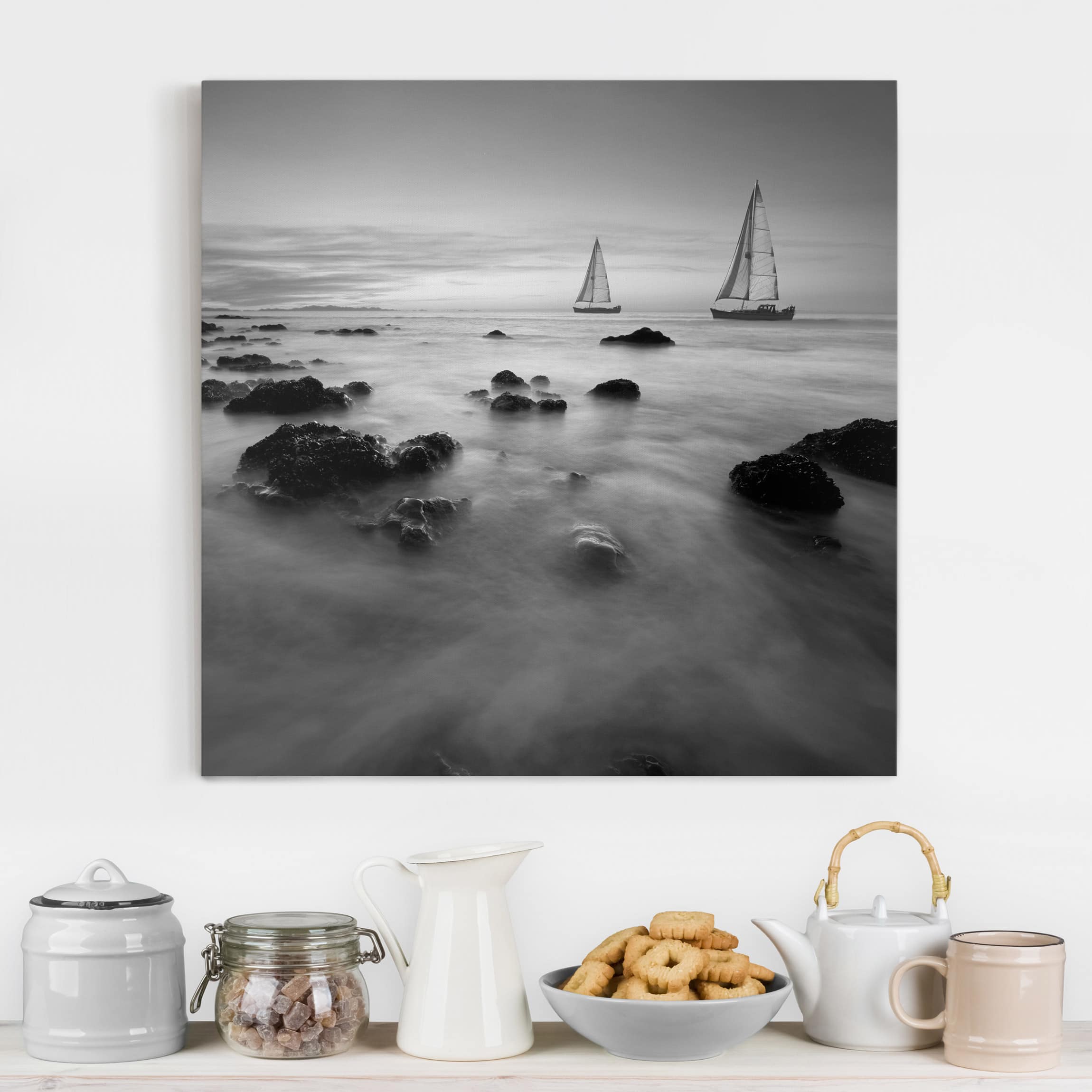Leinwandbild Strand Segelschiffe im Ozean II