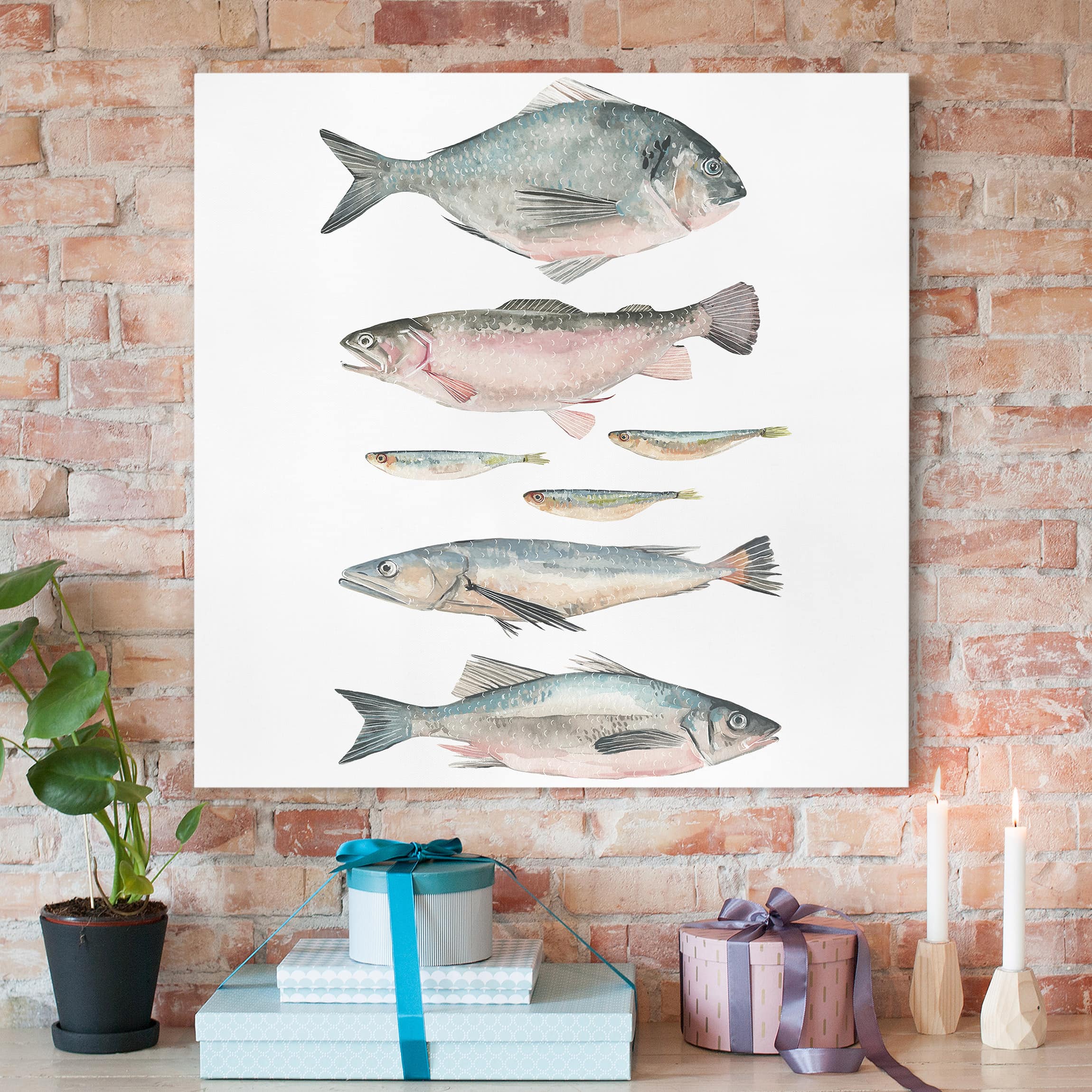Leinwandbild - Quadrat Sieben Fische in Aquarell II