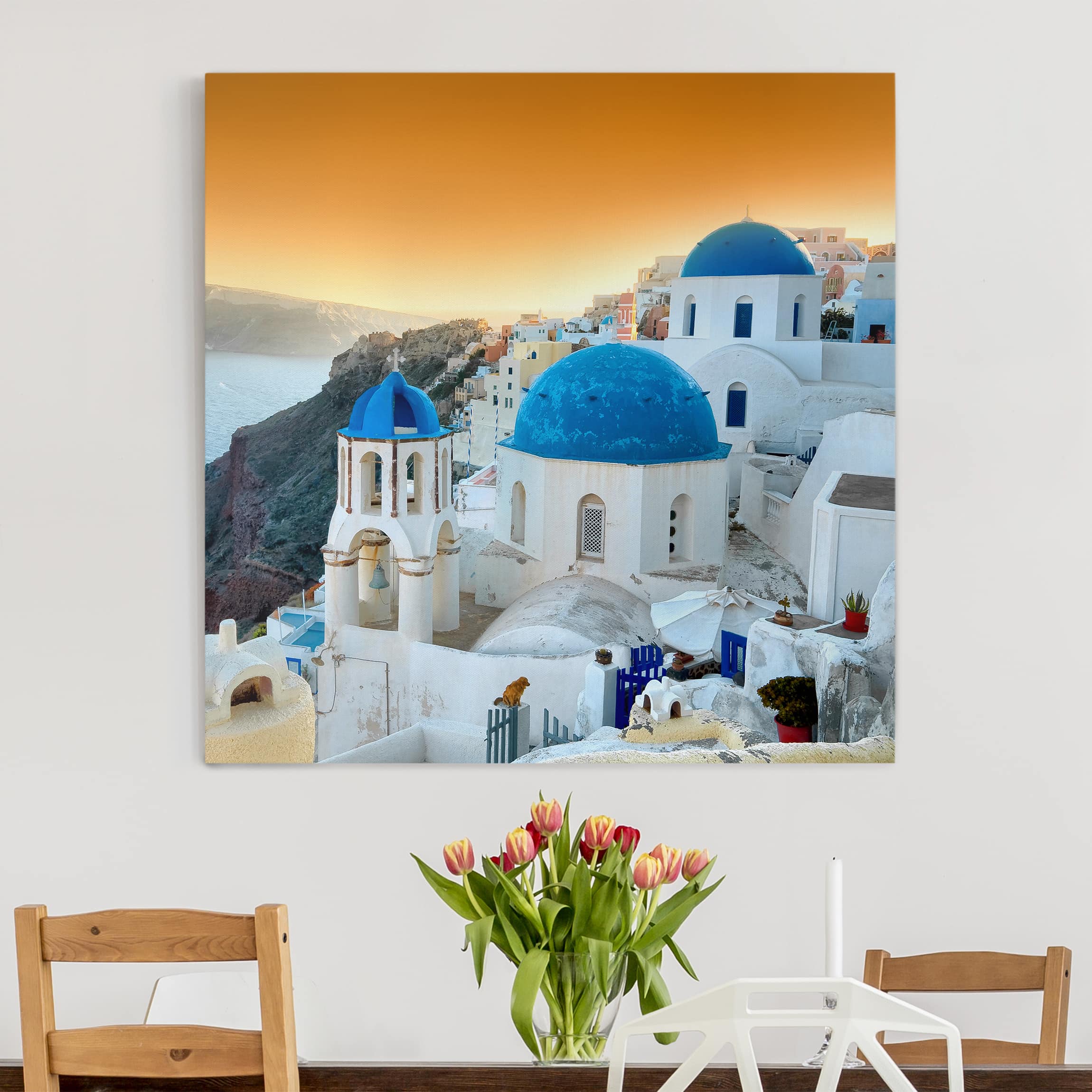 Leinwandbild - Quadrat Sonnenuntergang über Santorin