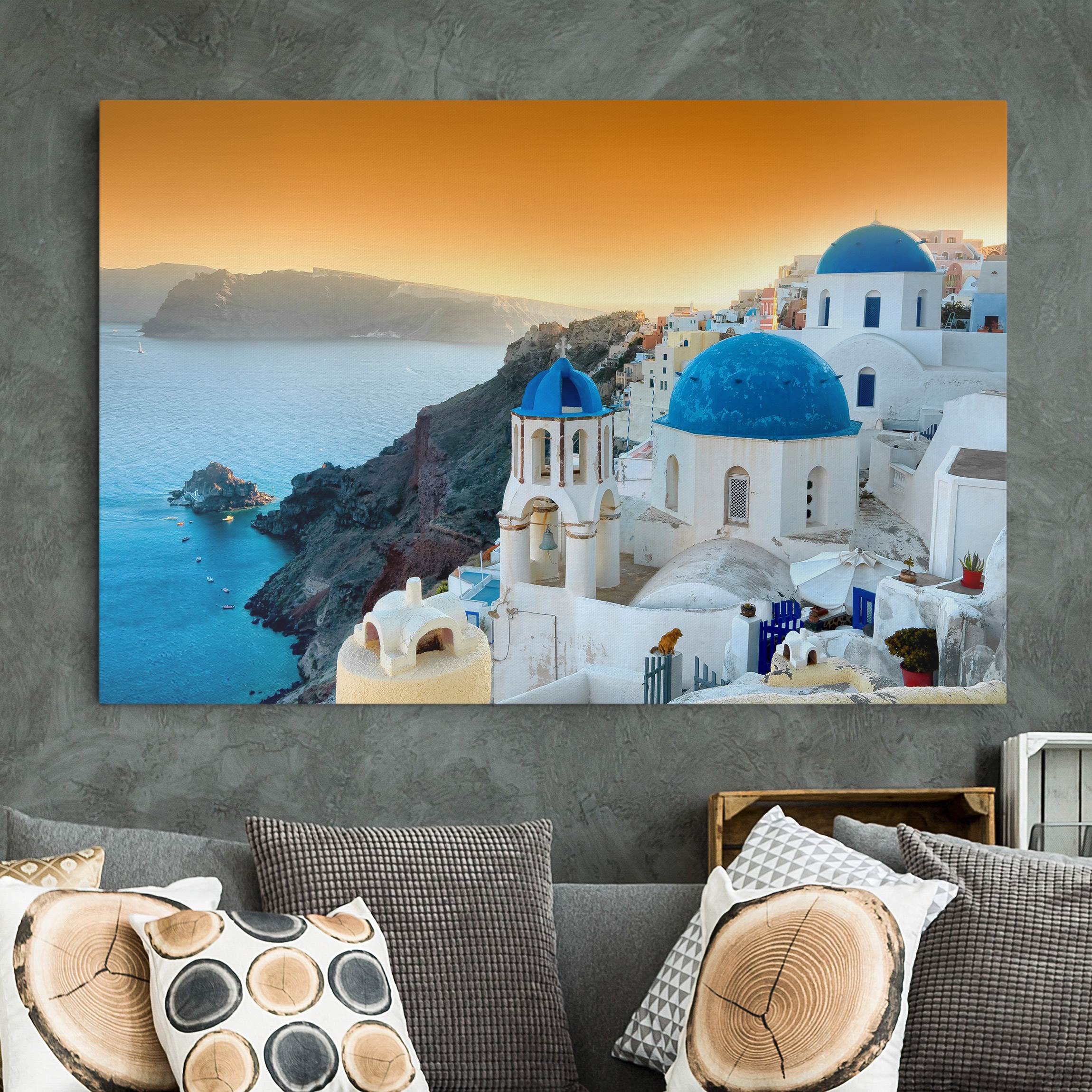 Leinwandbild - Querformat Sonnenuntergang über Santorin