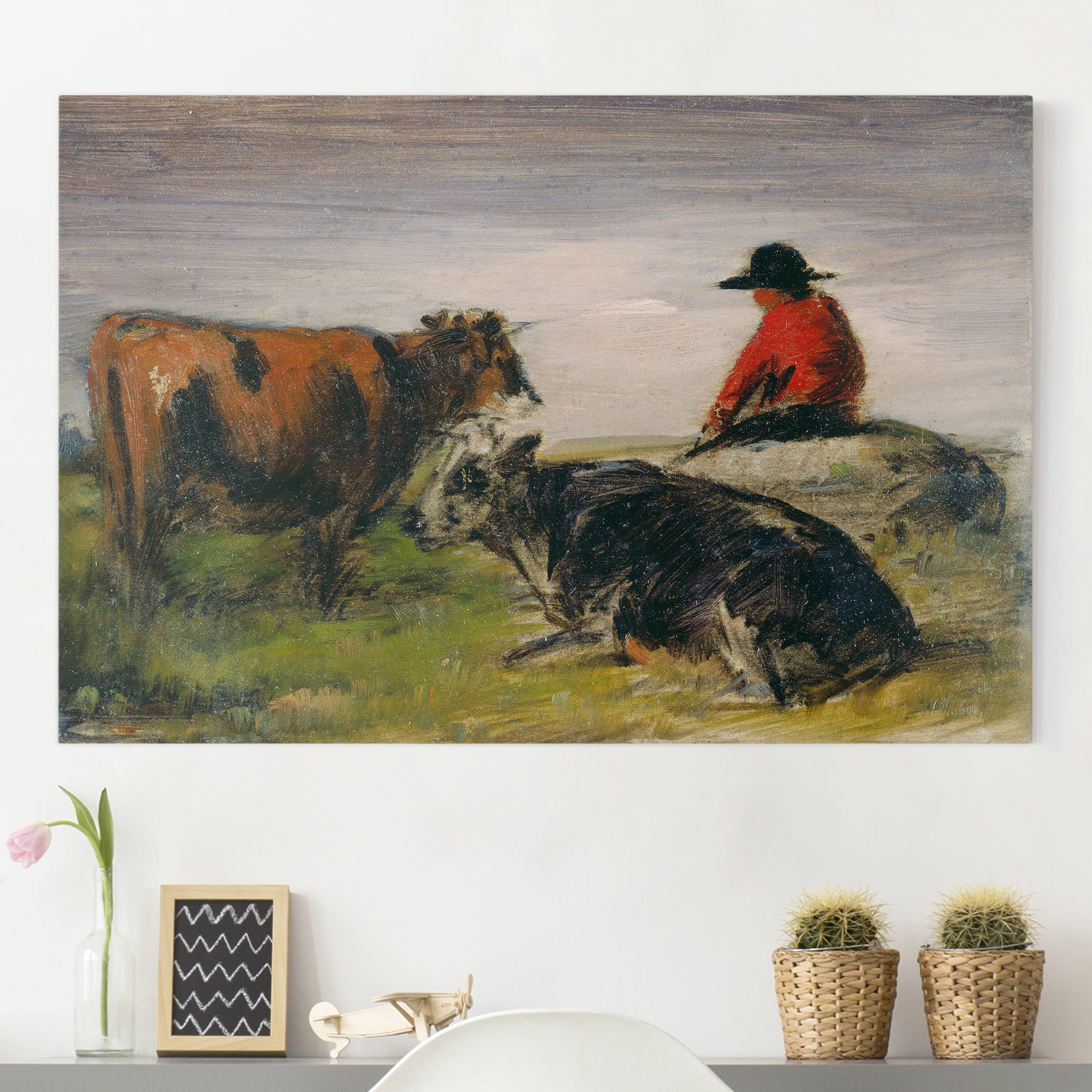 Leinwandbild - Querformat Wilhelm Busch - Hirte mit Kühen
