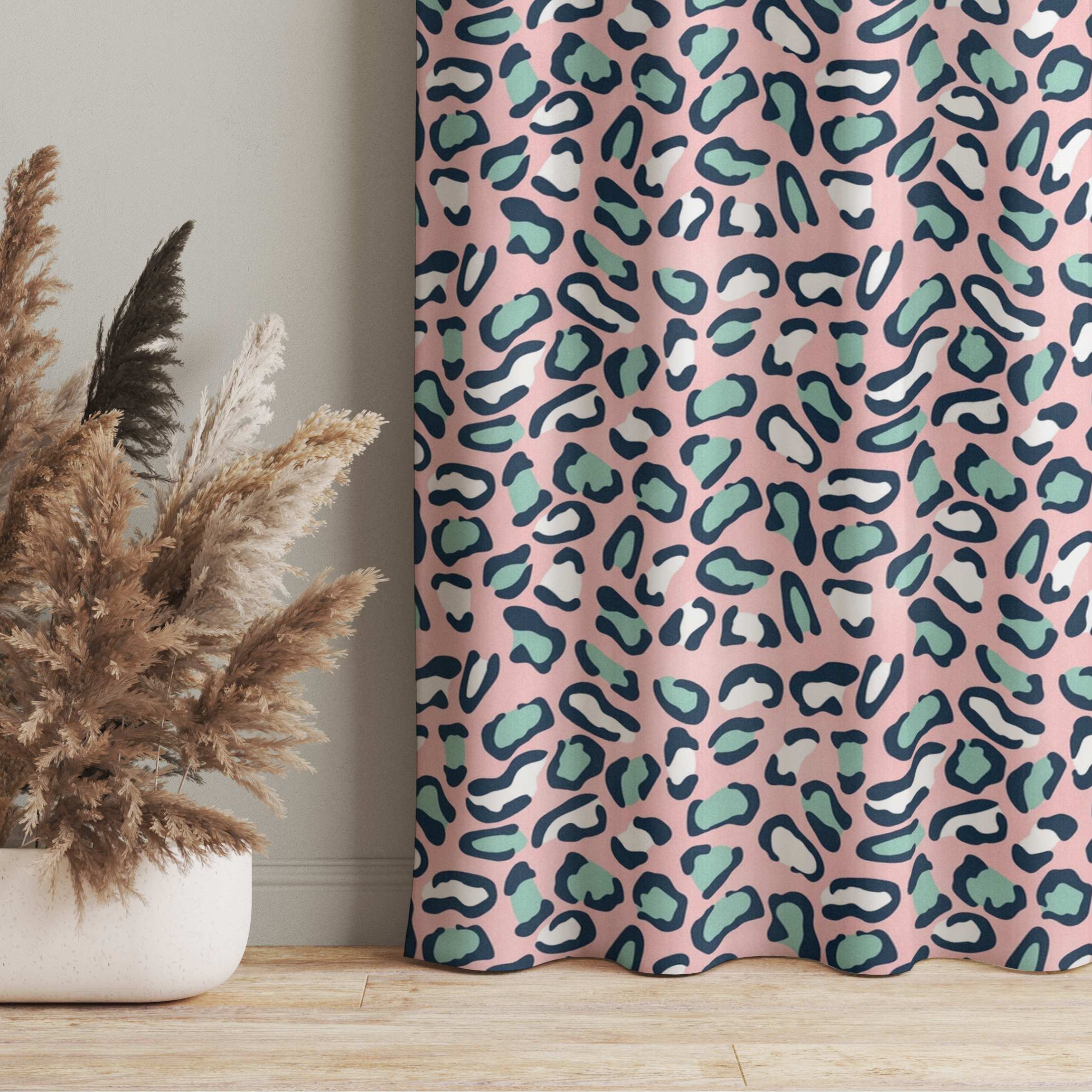 Vorhang Leopardenmuster in Pastell Rosa und Blau