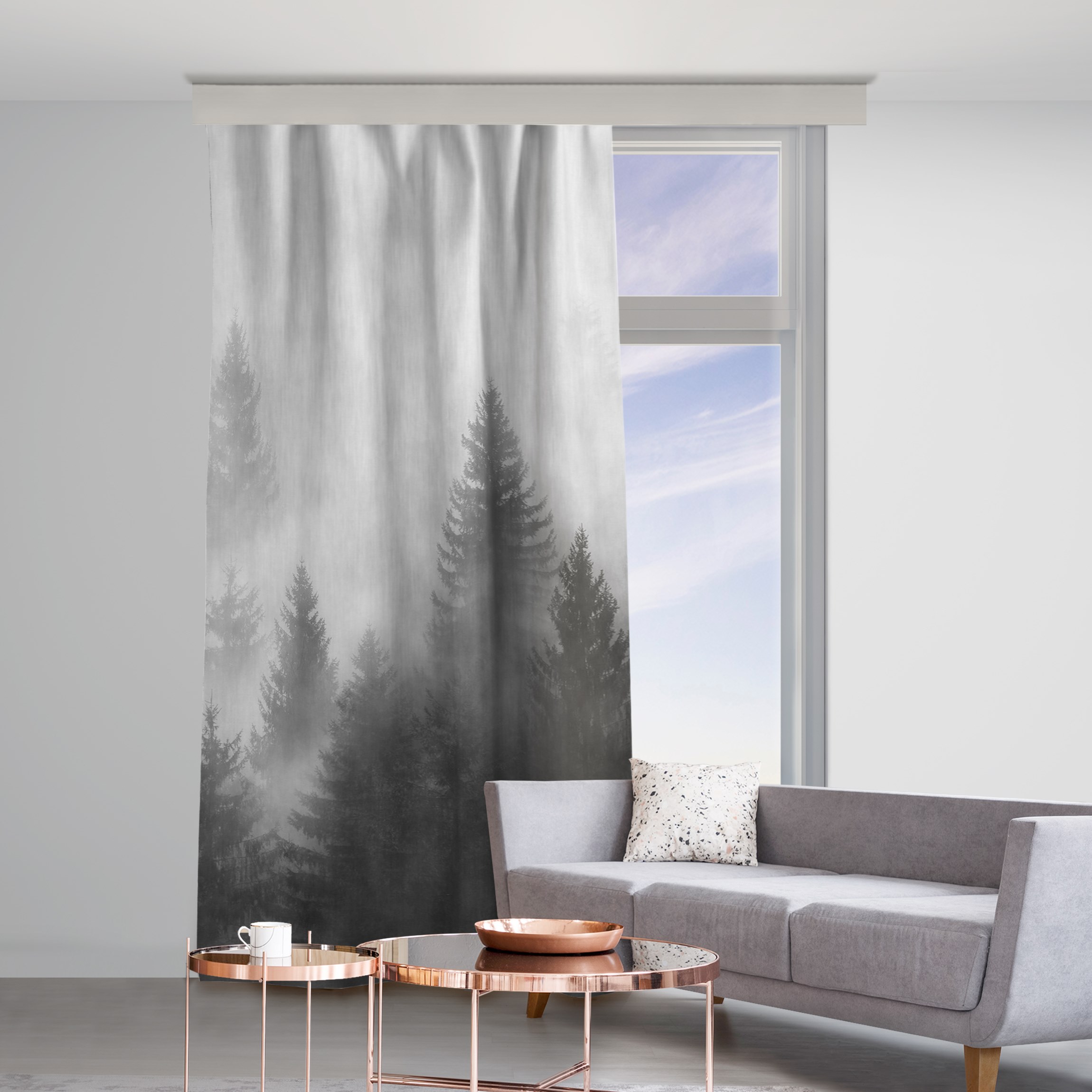 Vorhang Nadelwald im Nebel Schwarz Weiß