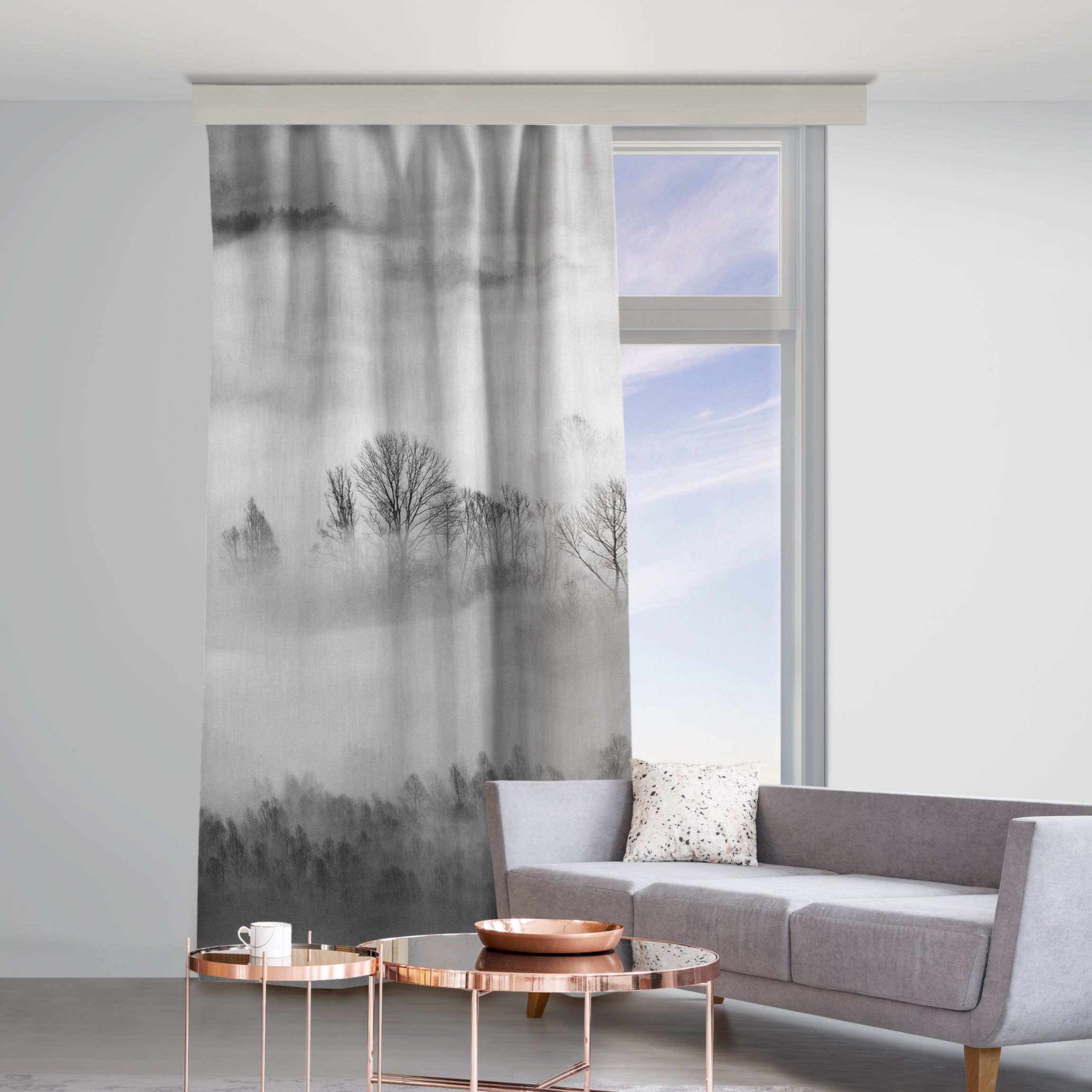 Vorhang Nebel bei Sonnenaufgang Schwarz Weiß