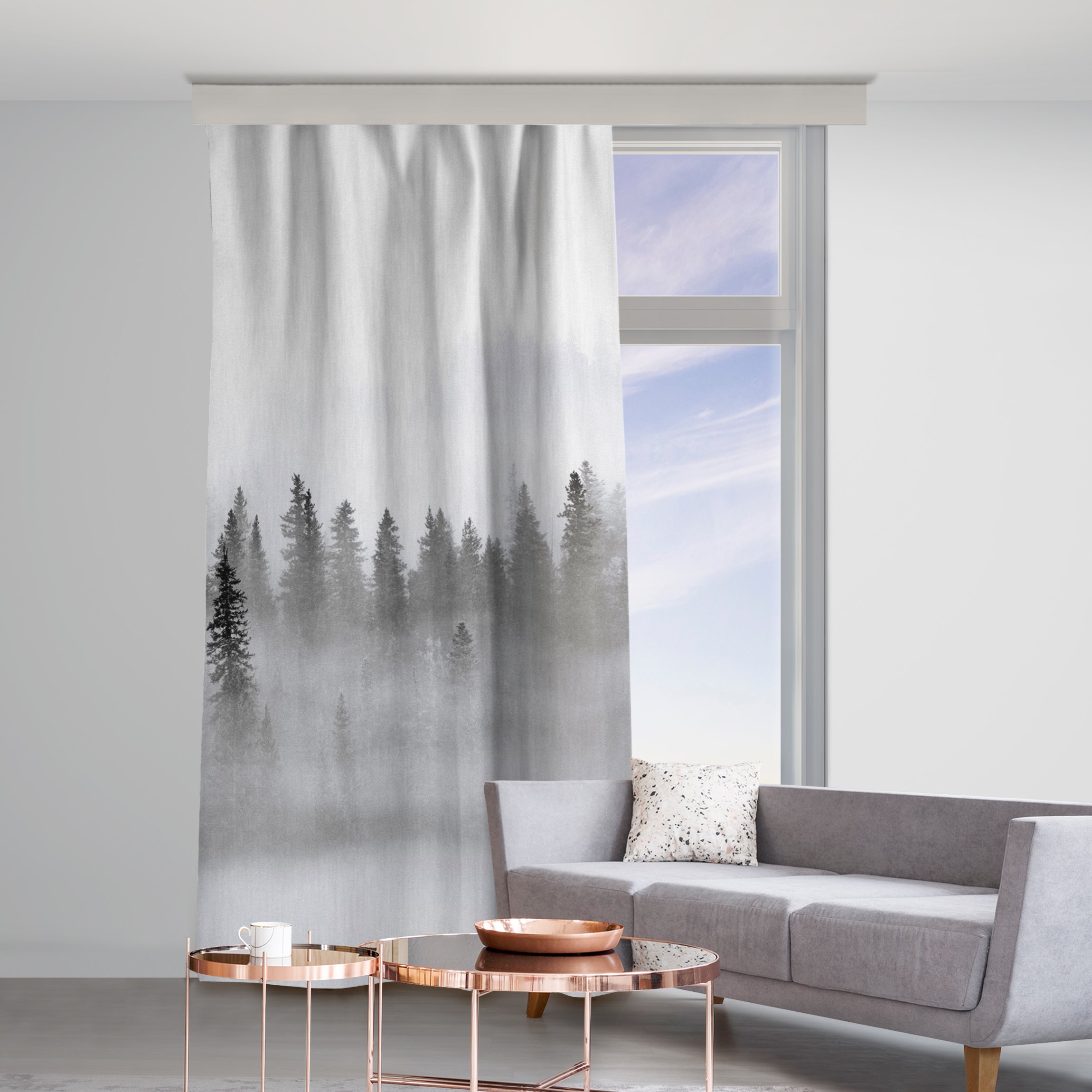 Vorhang Nebel im Tannenwald Schwarz-Weiß
