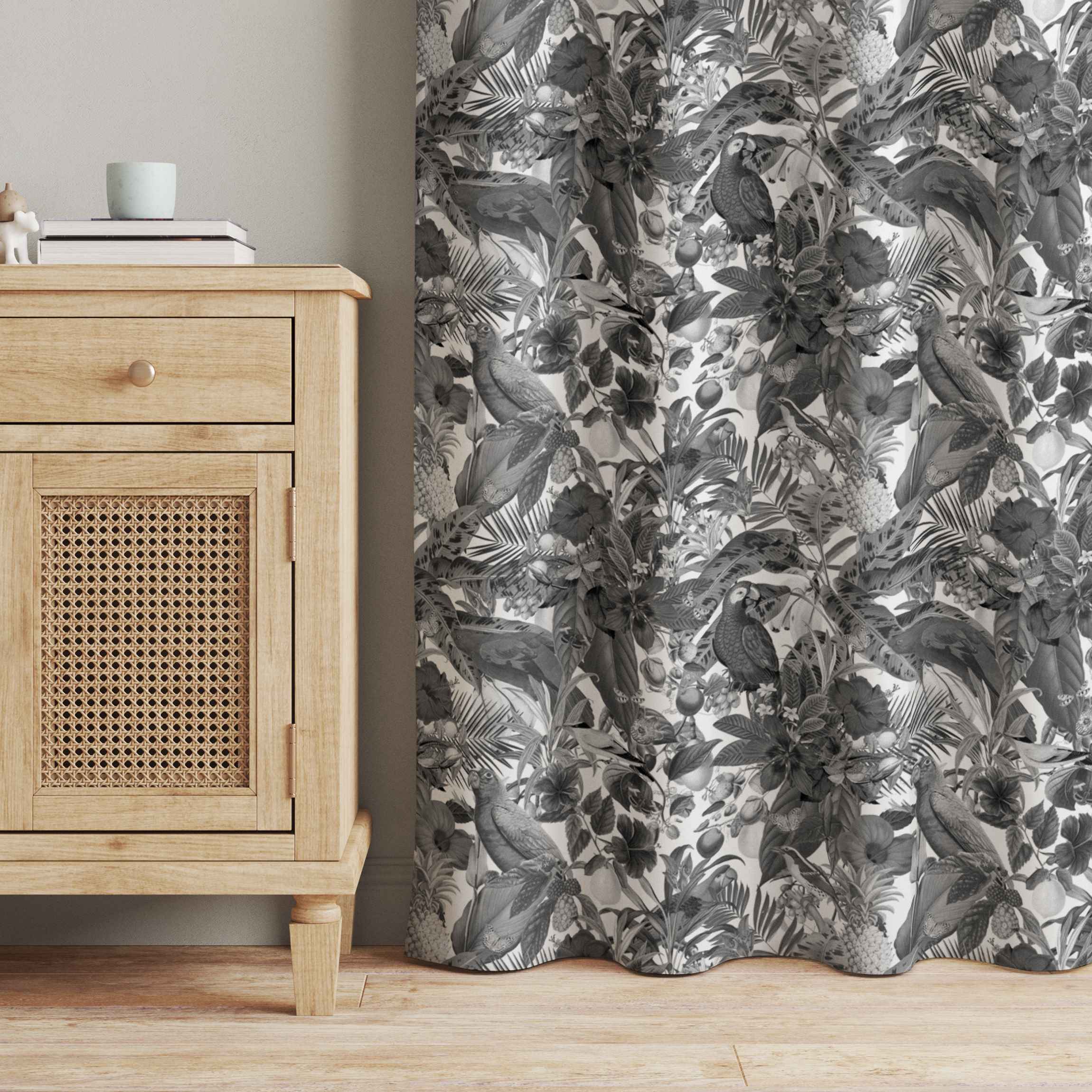 Vorhang Papageien im Dschungel Schwarz Weiß