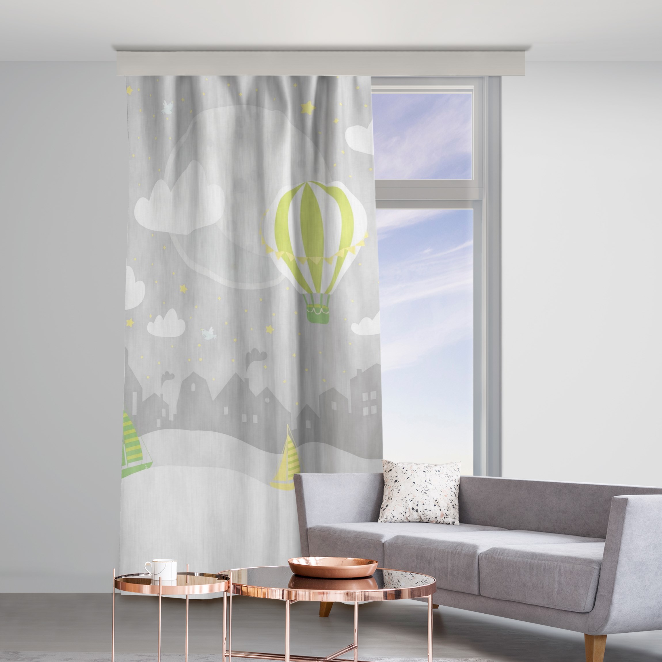 Vorhang Paris mit Sternen und Heißluftballon in Grau