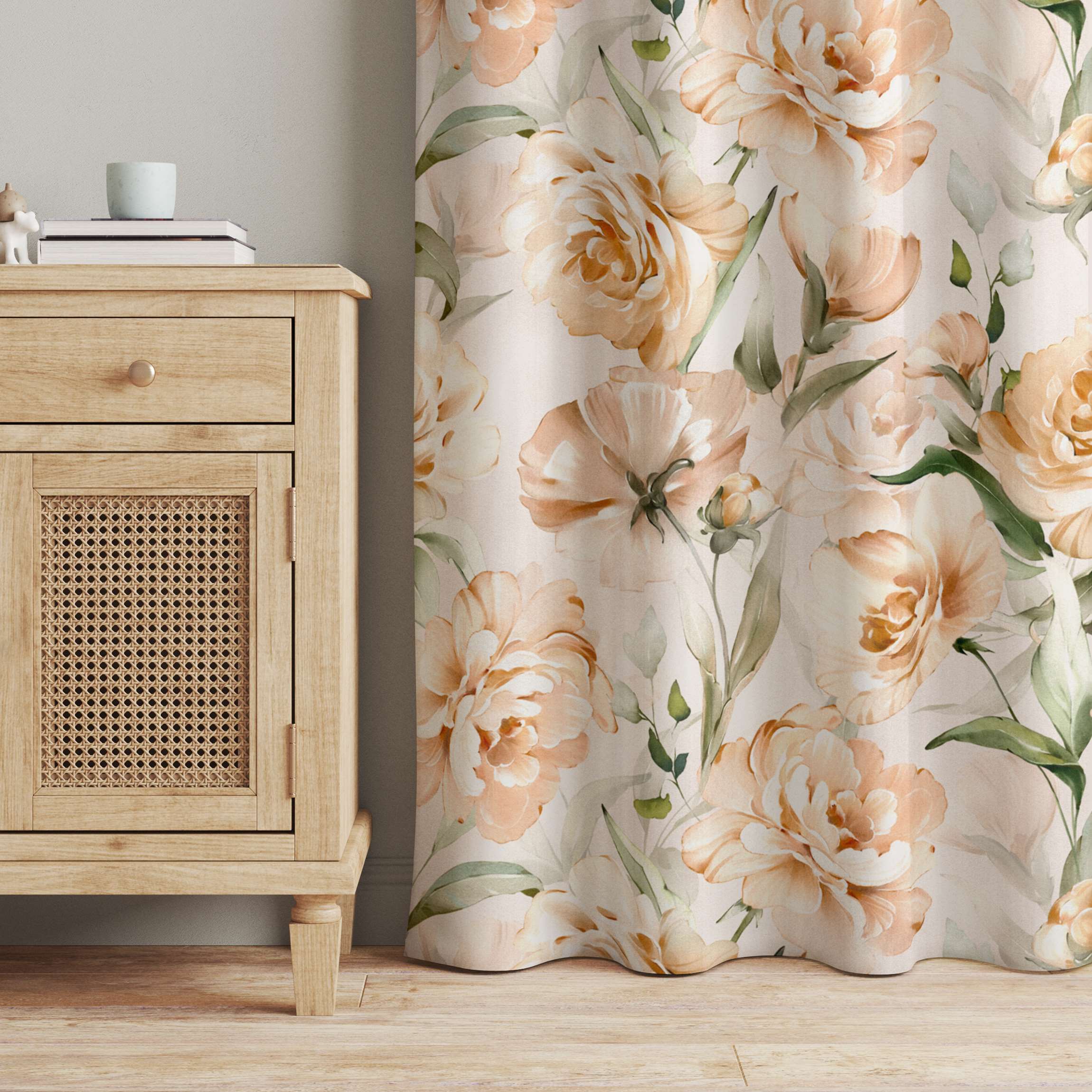 Vorhang Pfingstrosen Aquarell Muster Beige
