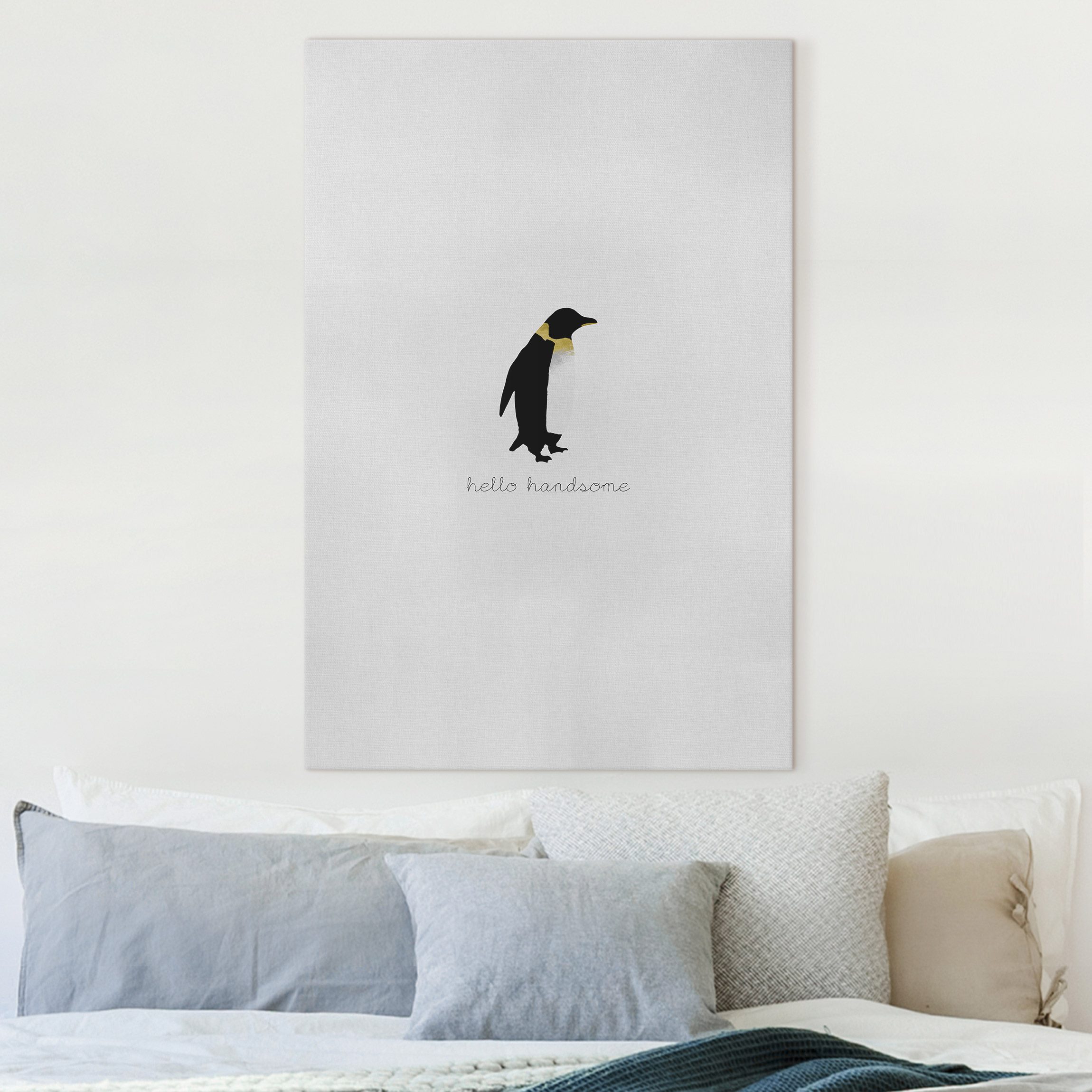 Leinwandbild Pinguin Zitat Hello Handsome