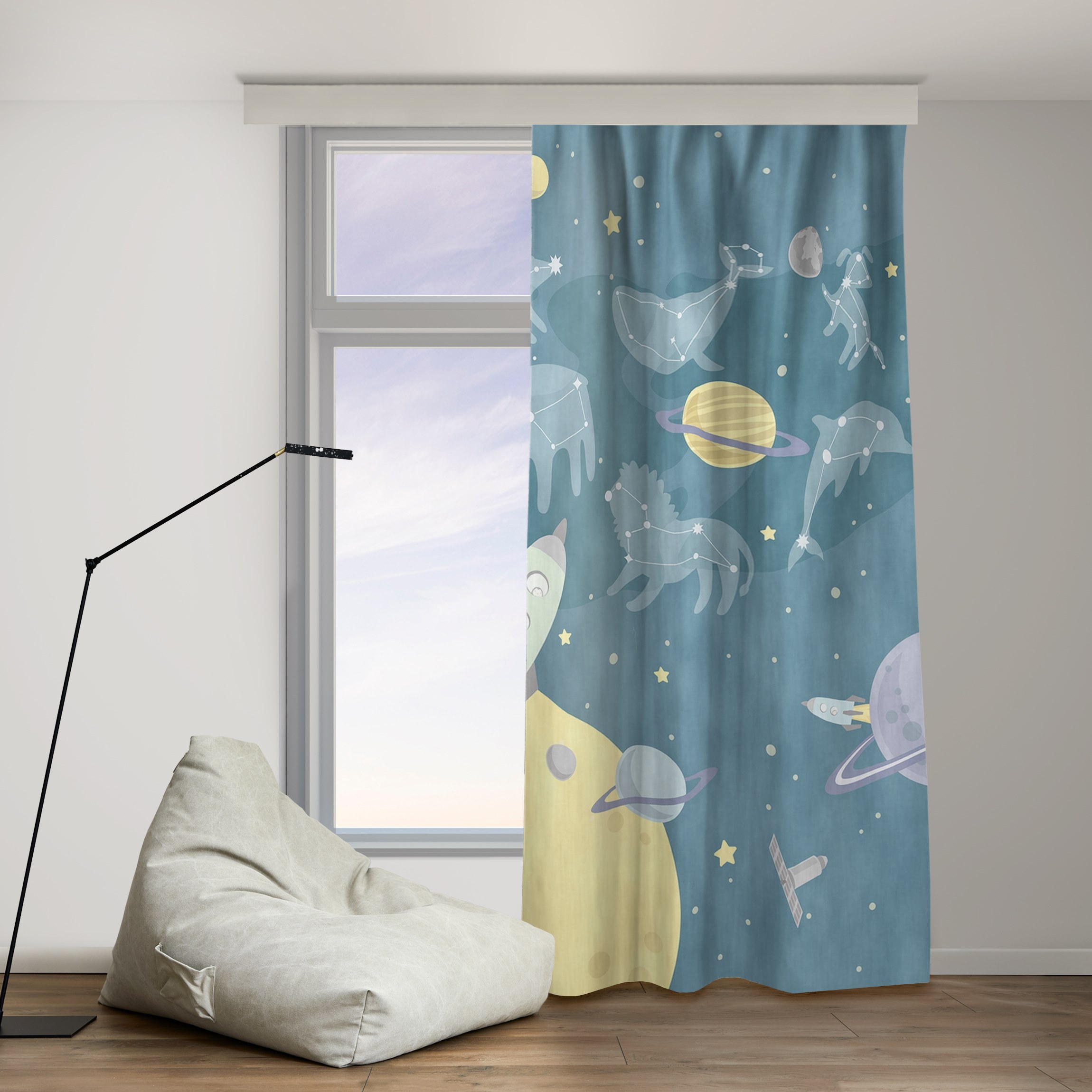 Vorhang Planeten mit Sternzeichen und Raketen