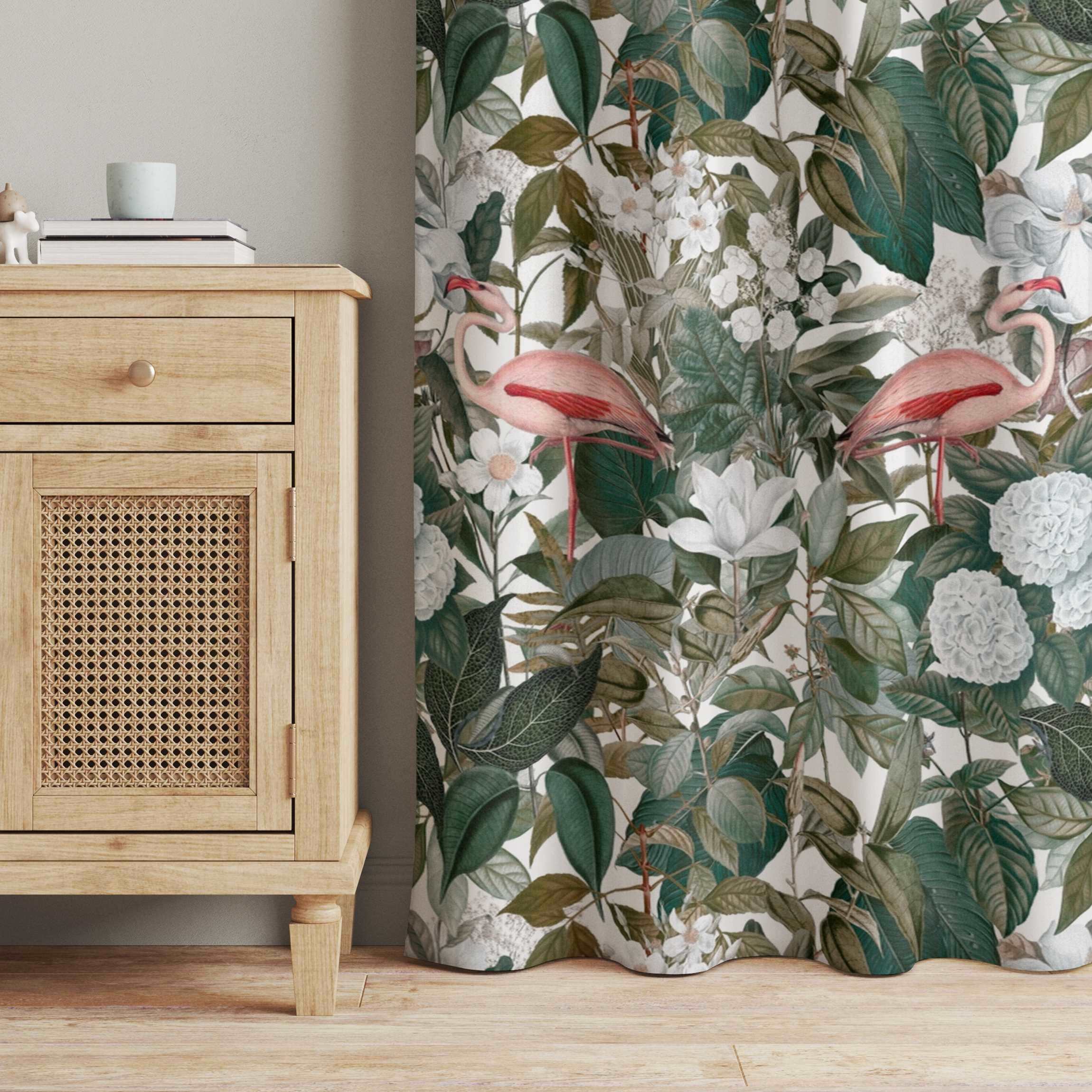 Vorhang Rosa Flamingos mit Blättern und weißen Blumen