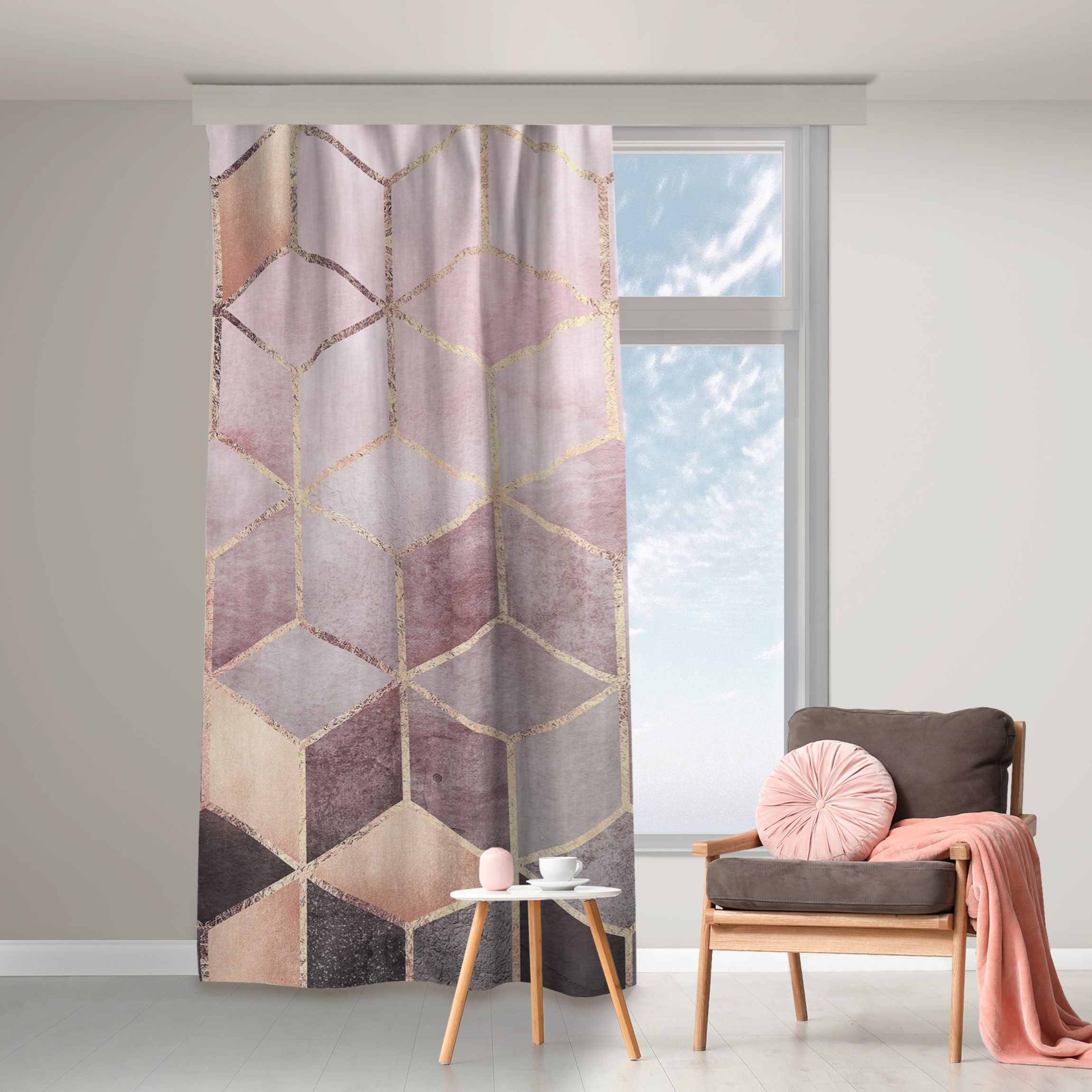 Vorhang Rosa Grau goldene Geometrie