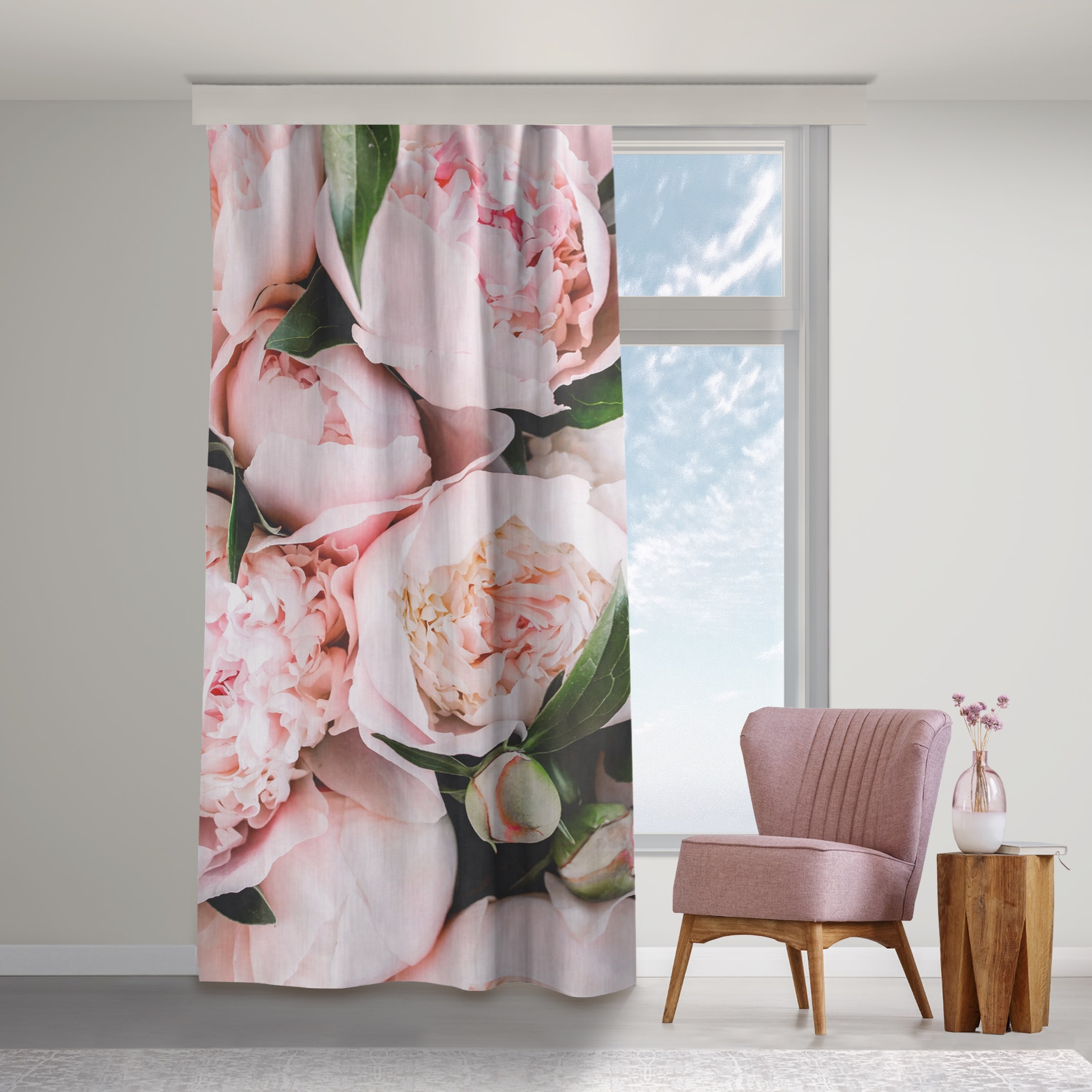 Vorhang Rosa Pfingstrosen mit Blättern