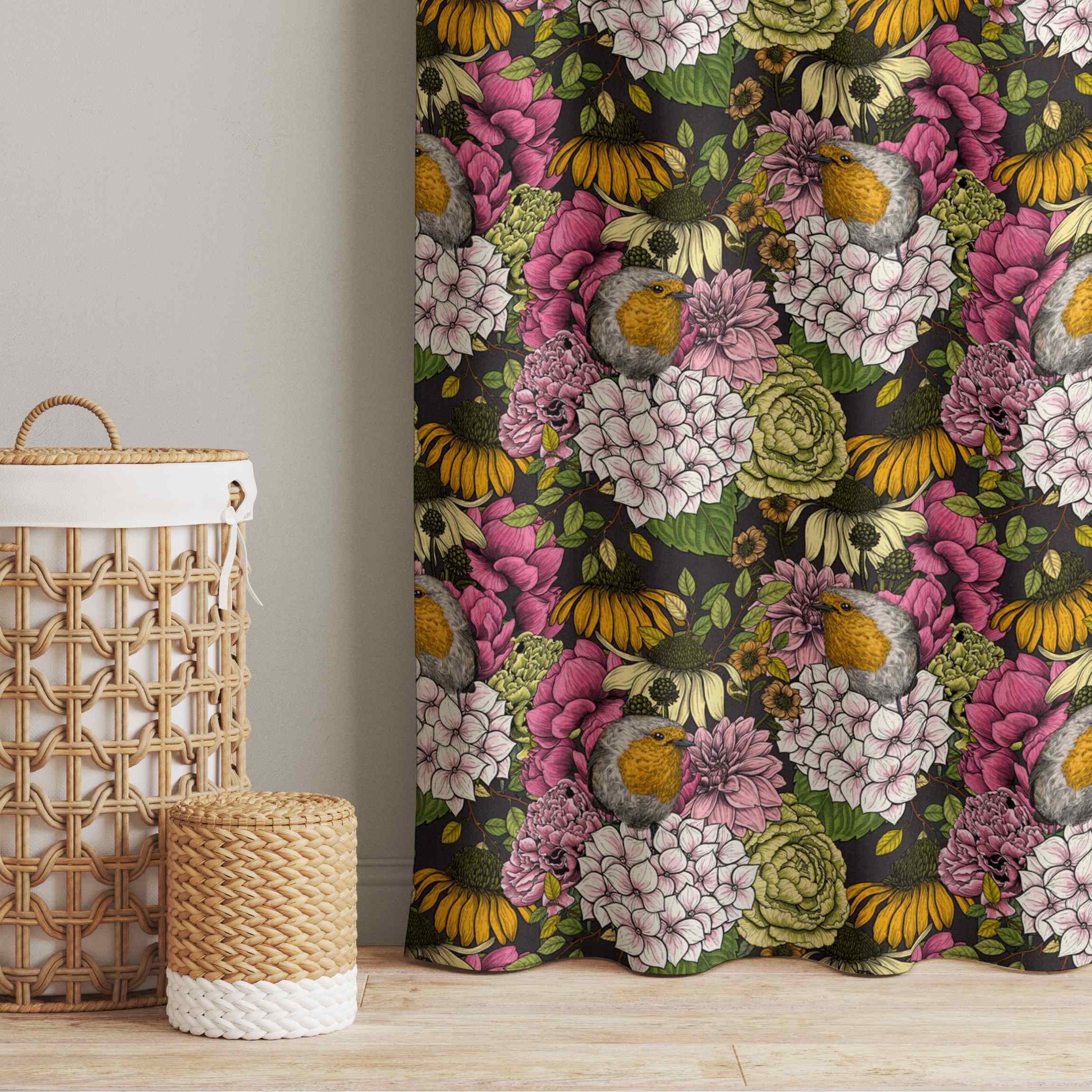 Vorhang Rotkehlchen mit Blumen