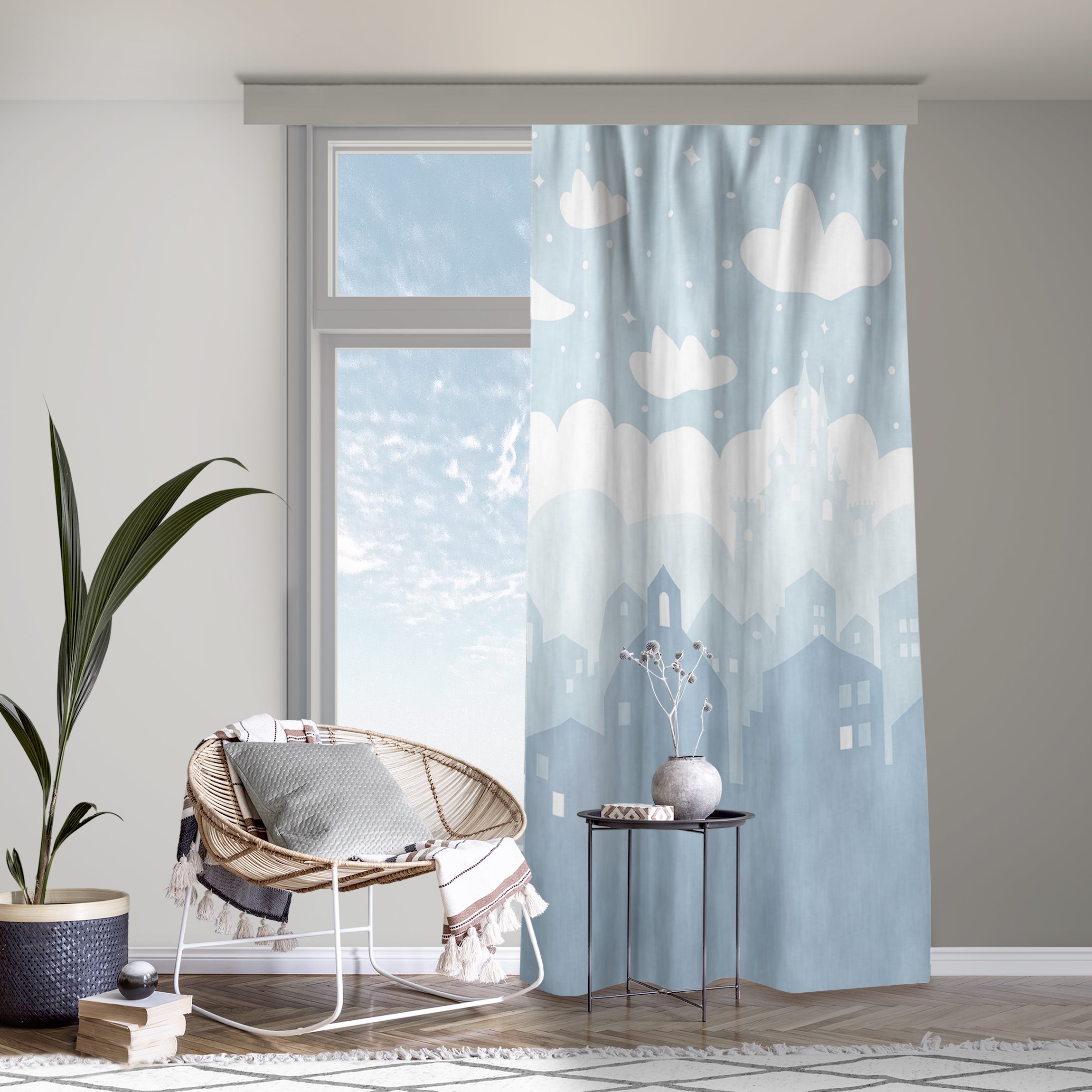 Vorhang Sternenhimmel mit Häusern und Mond in blau
