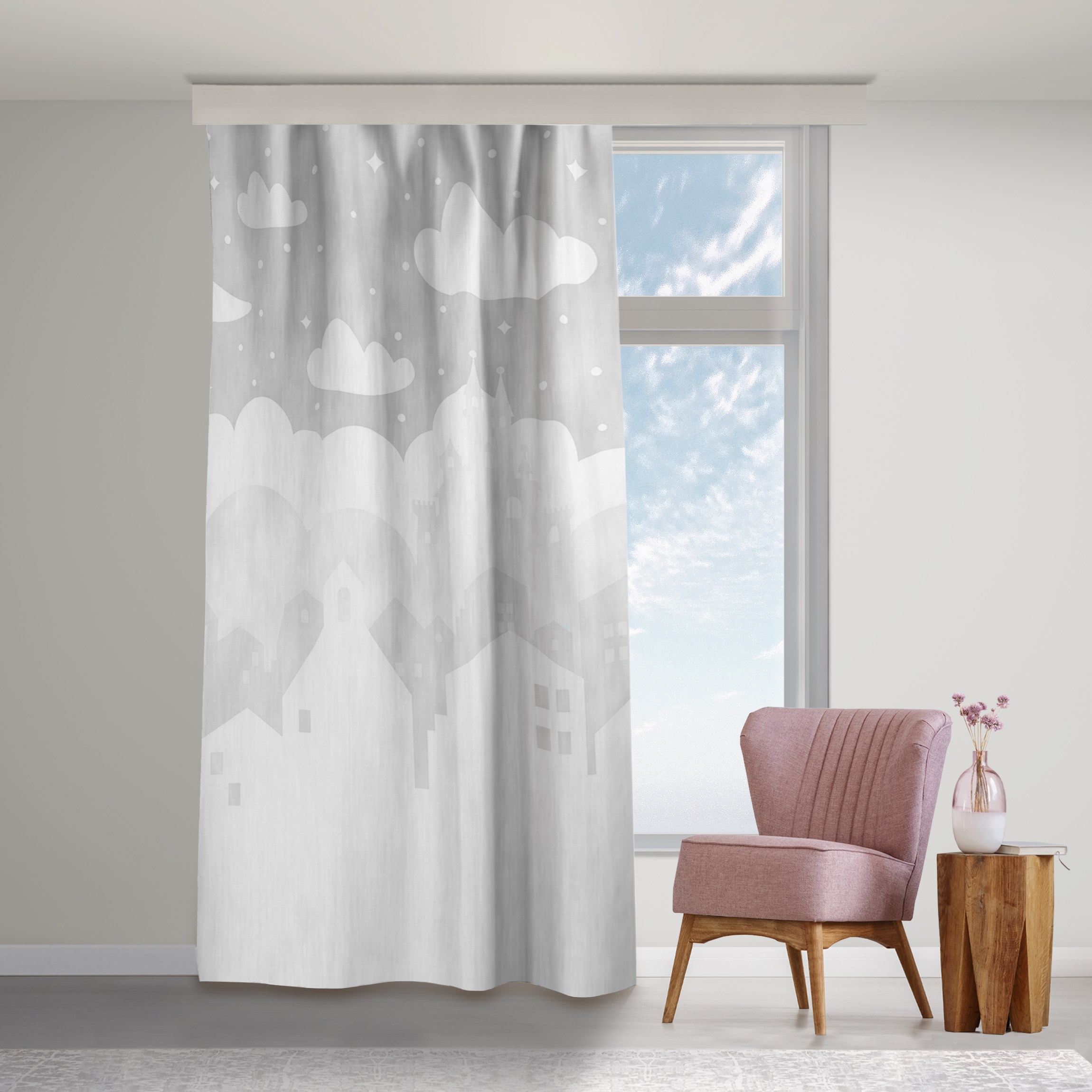 Vorhang Sternenhimmel mit Häusern und Mond in grau