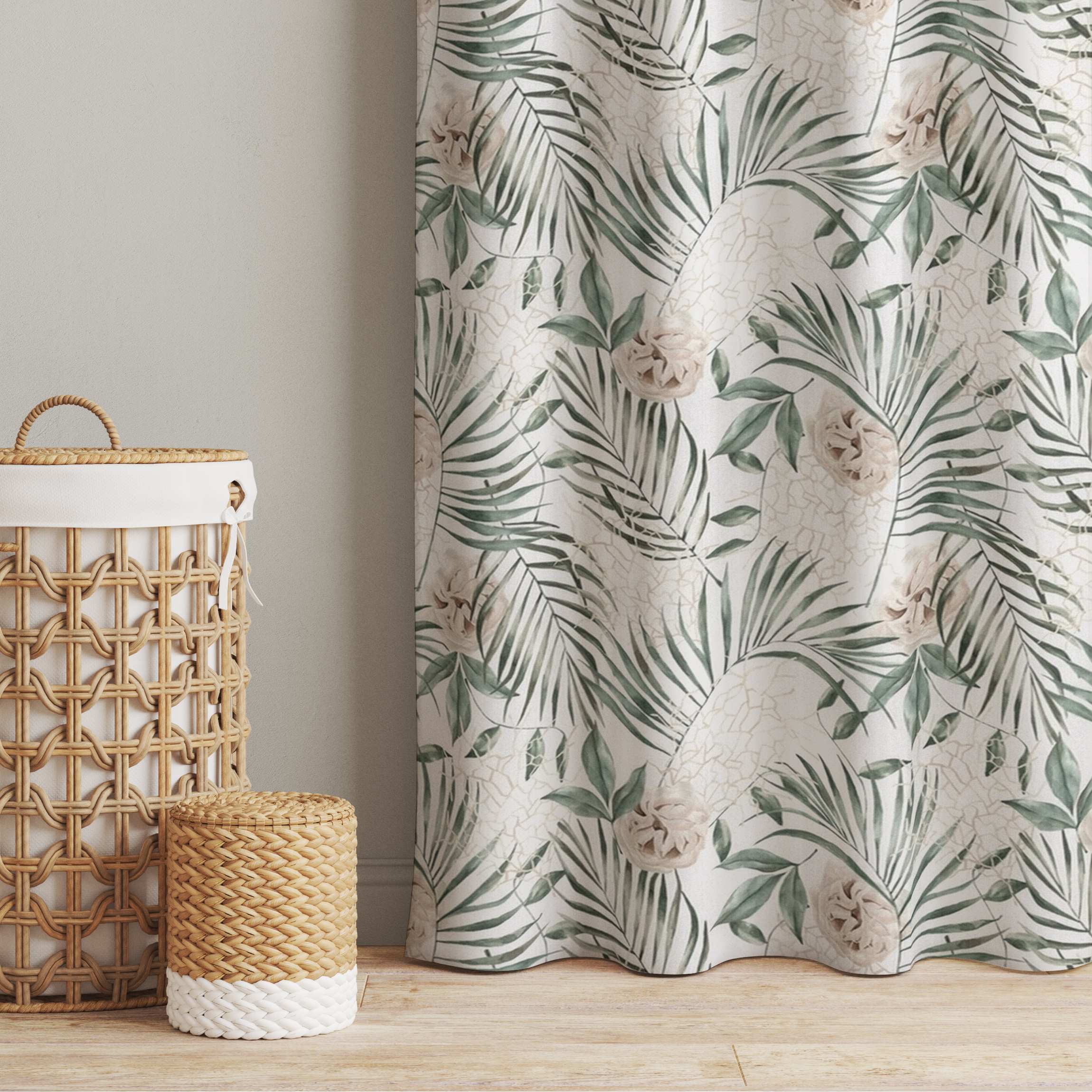 Vorhang Tropische Palmenbögen mit Rosen Aquarell