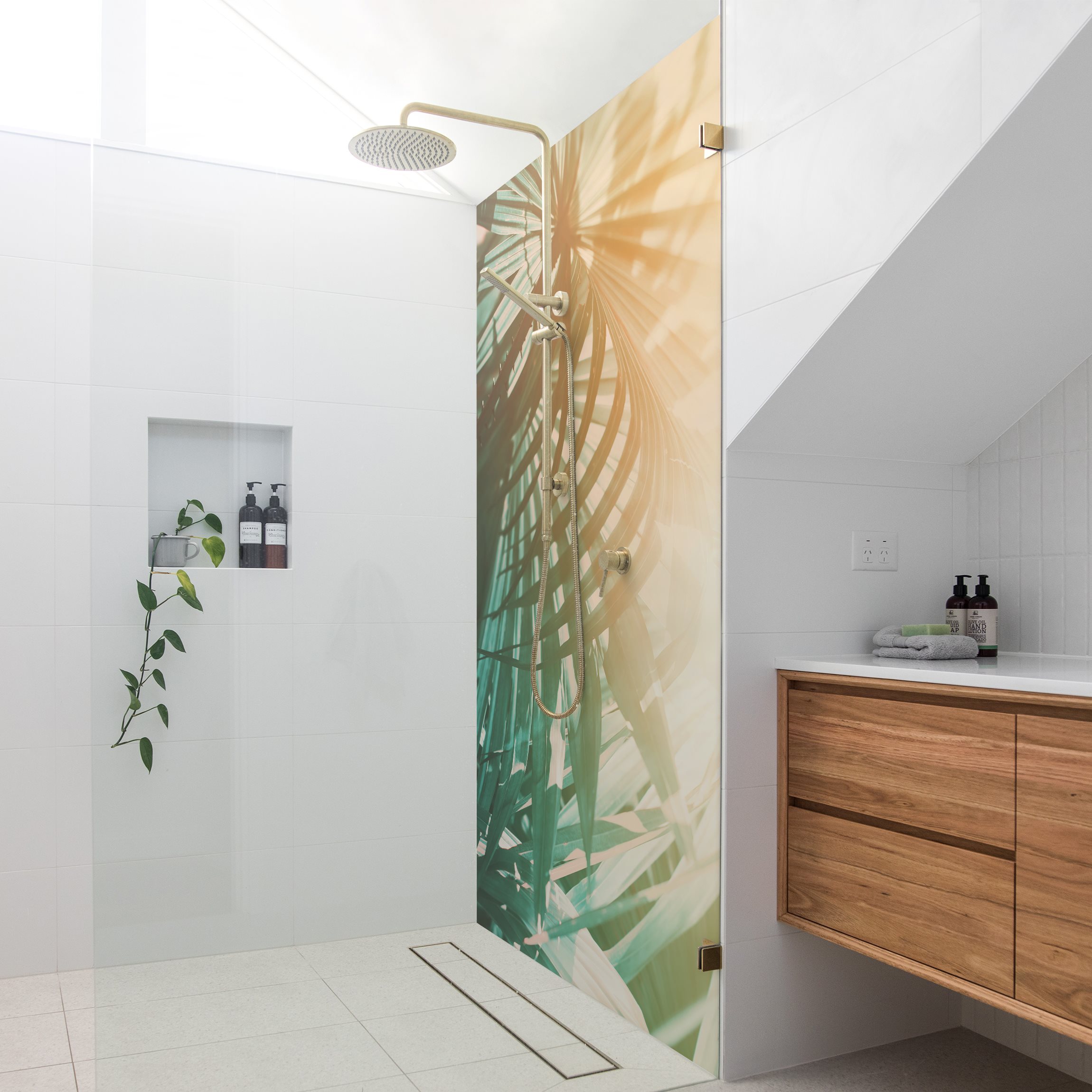 Duschrückwand Tropische Pflanzen Palmen bei Sonnenuntergang