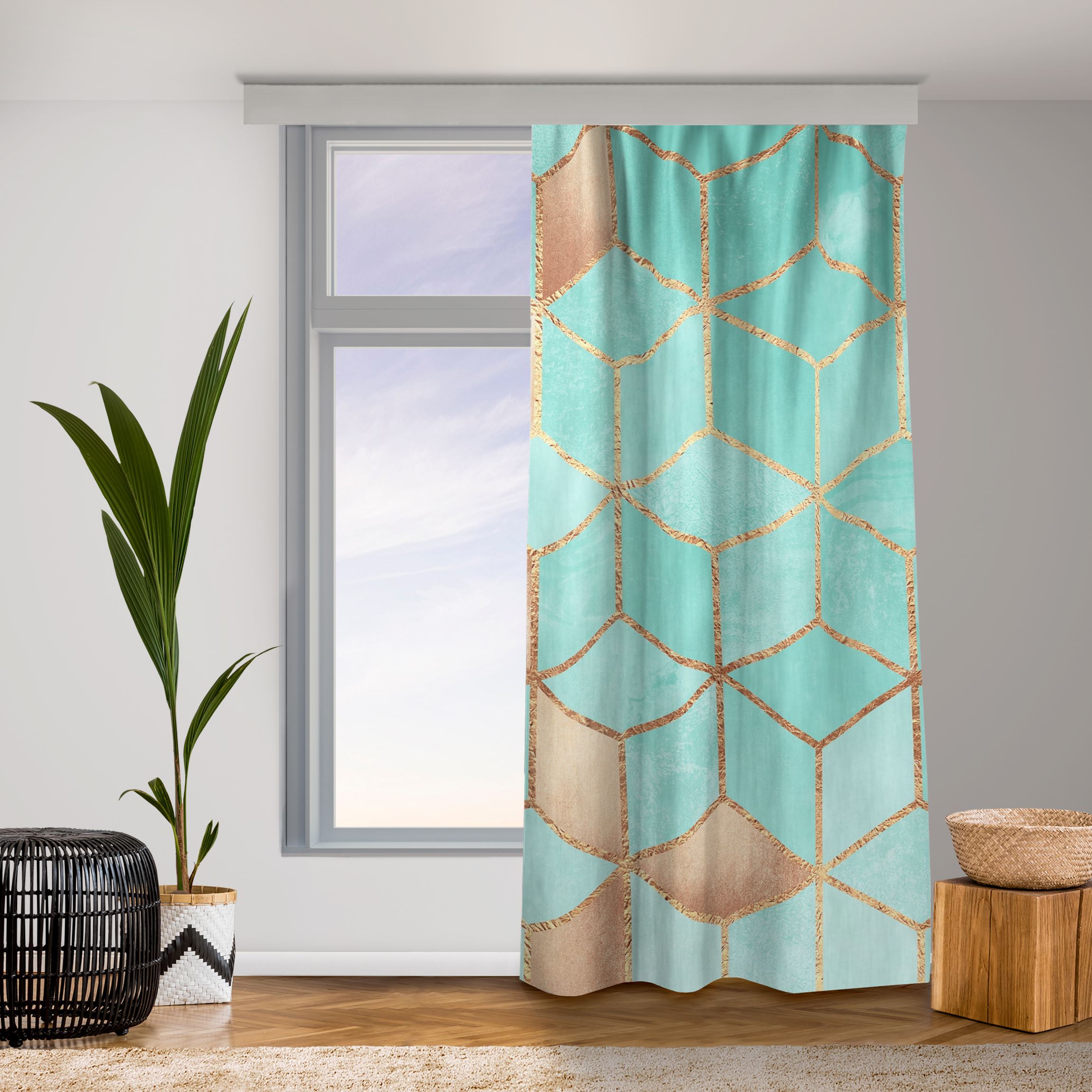 Vorhang Türkis Weiß goldene Geometrie
