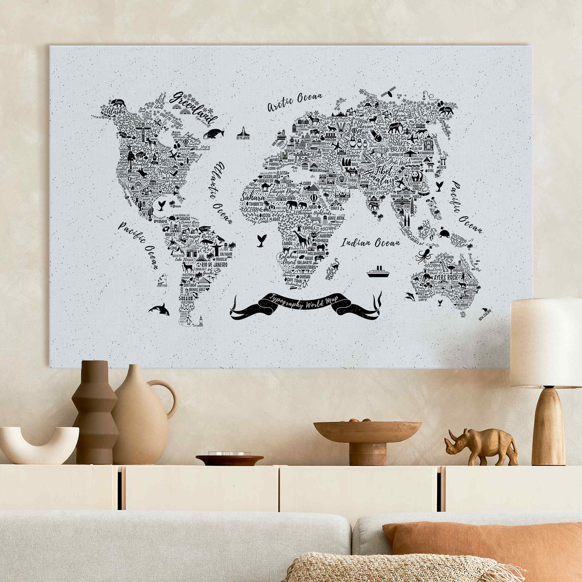 Akustikbild Typografie Weltkarte weiß