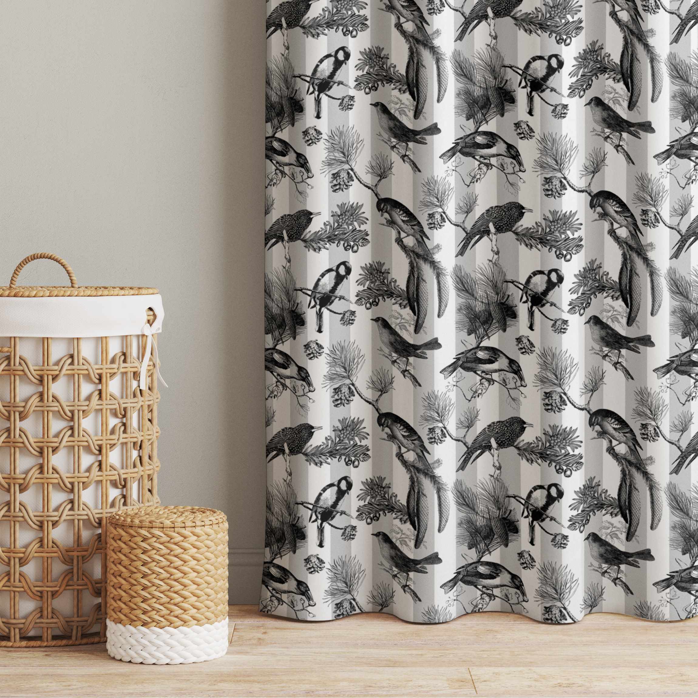 Vorhang Vögel auf Streifen Schwarz Weiß