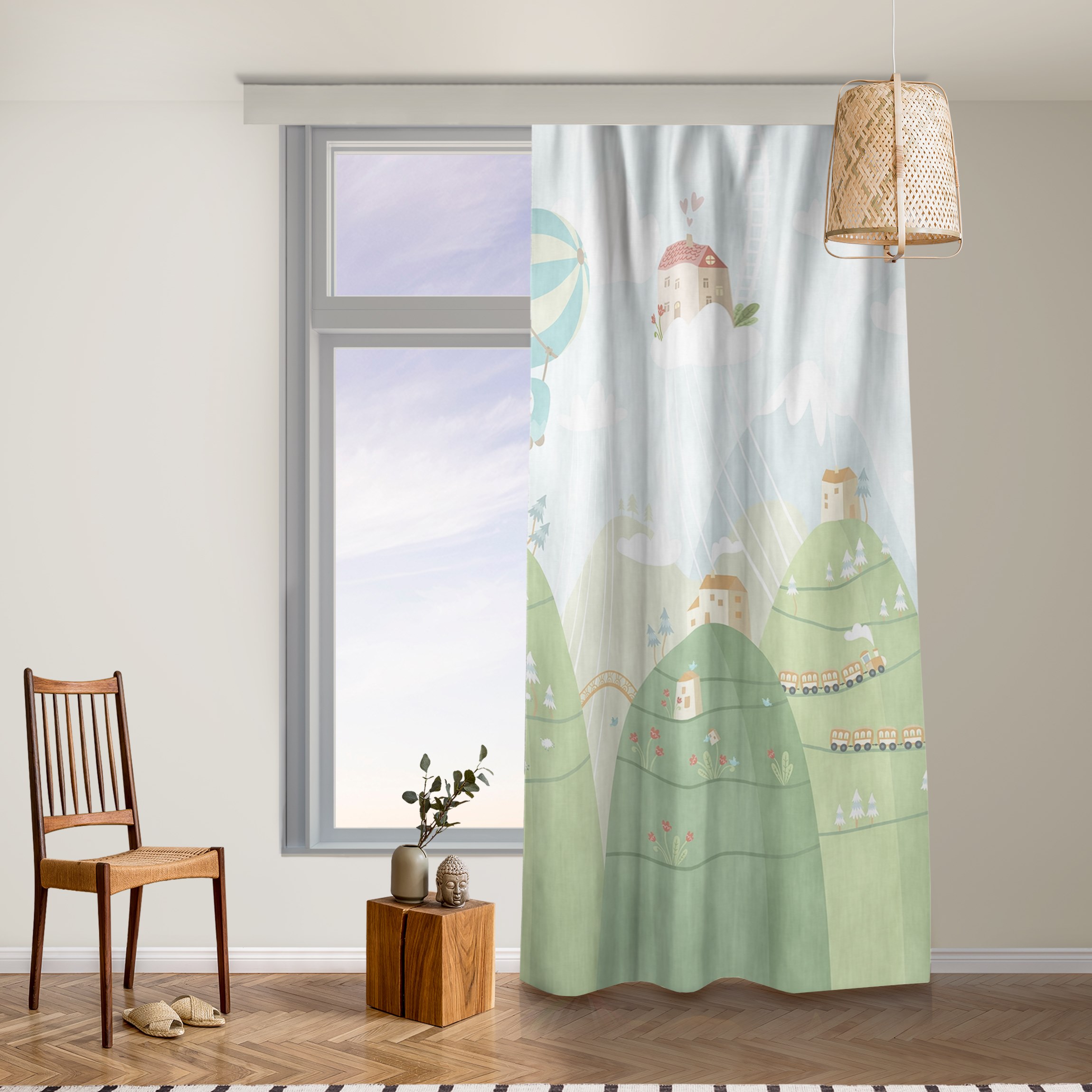 Vorhang Wald mit Häusern und Tieren